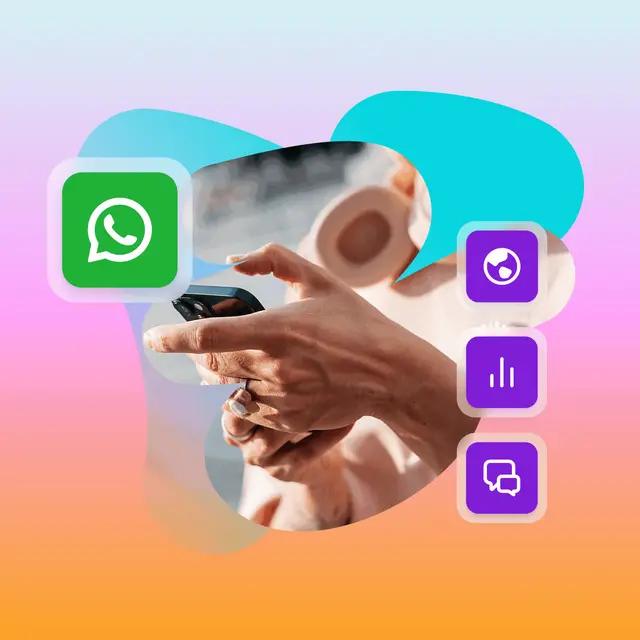 Mãos segurando um smartphone, com o logotipo do WhatsApp e outros ícones de aplicativos sobre um fundo colorido com efeito degradê.