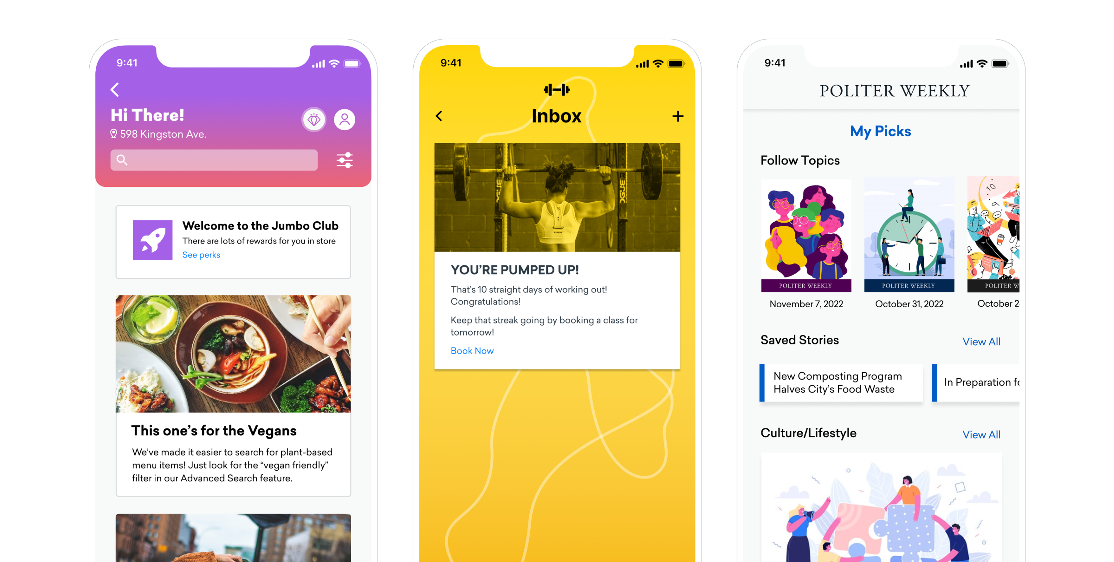Three smartphone screens displaying different app interfaces: the first shows a greeting message, the second features an inbox with a motivational message, and the third presents a magazine layout with various topics.