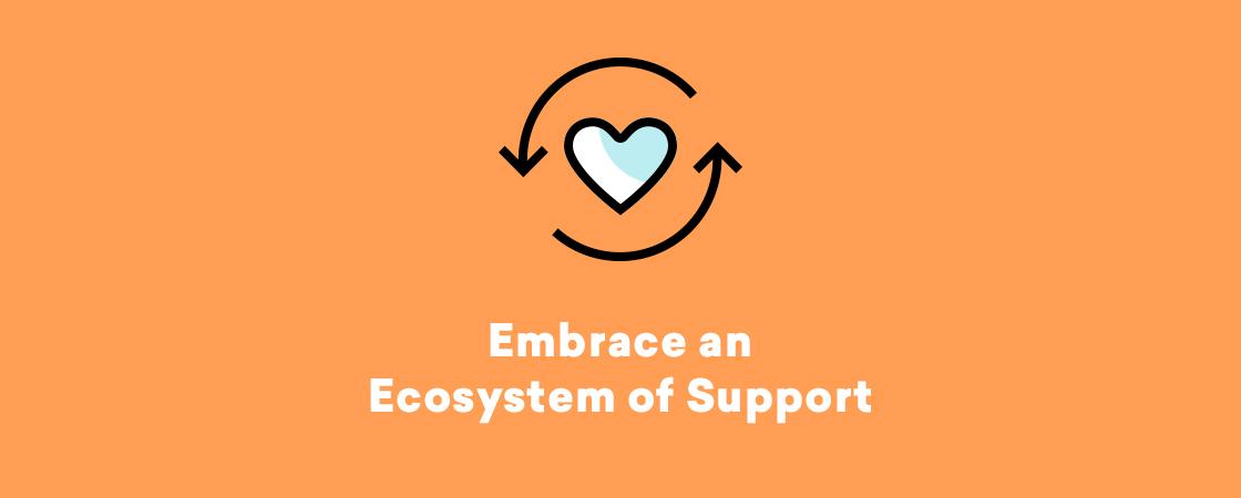 A heart icon surrounded by circular arrows on an orange background. Text below reads "Embrace an Ecosystem of Support.