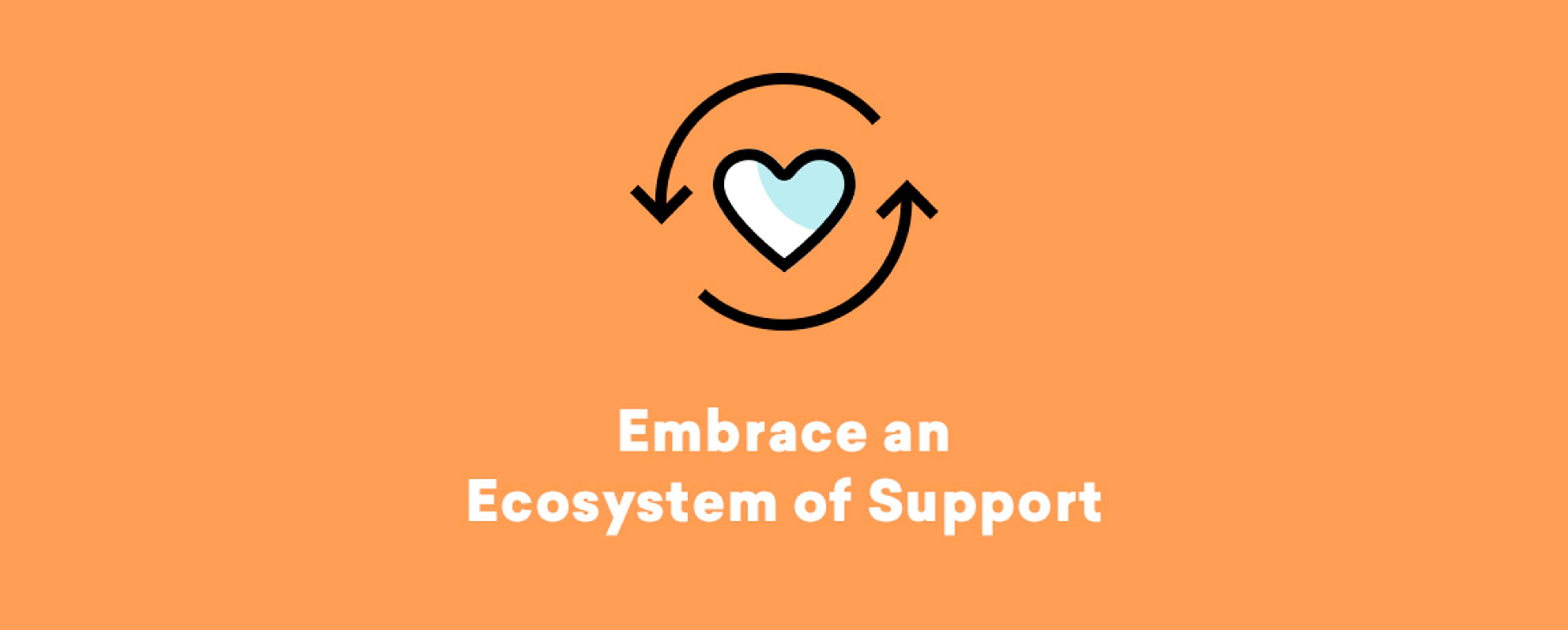 A heart icon surrounded by circular arrows on an orange background. Text below reads "Embrace an Ecosystem of Support.