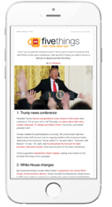 A smartphone displaying a news article featuring a photo of a man in a suit and red tie speaking at a podium with the presidential seal. The article discusses Trump’s news conference and White House changes.