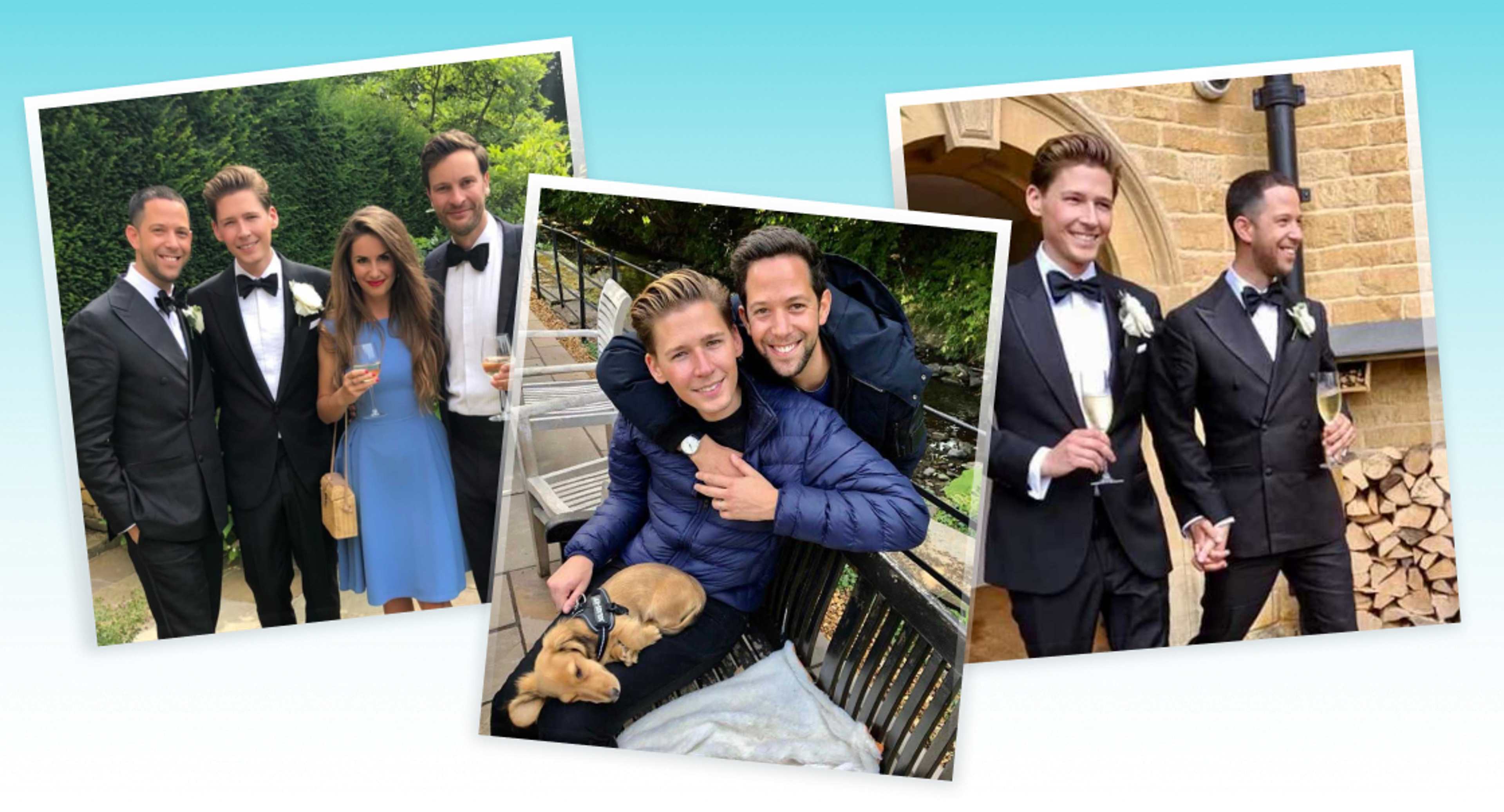 A collage of three photos featuring two men in formal attire, one holding a glass of champagne, and another with a dog on a bench. The group is smiling and celebrating together in various outdoor settings.