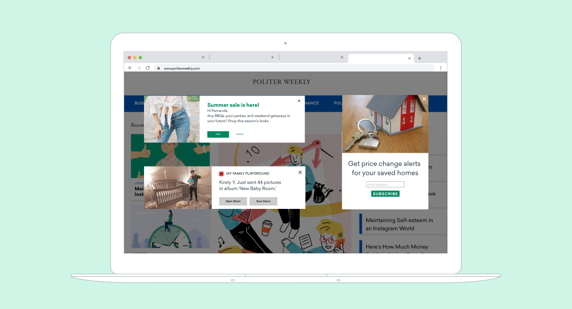 A laptop screen displaying a website called "Polter Weekly" with various articles and promotions, including a summer sale announcement and a subscription option for price change alerts. The background is a light green color.