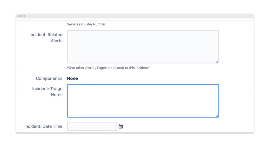 A computer screen displaying a form with fields for incident-related alerts, components, triage notes, and incident date and time. The form includes a section labeled "Services Cluster Number.
