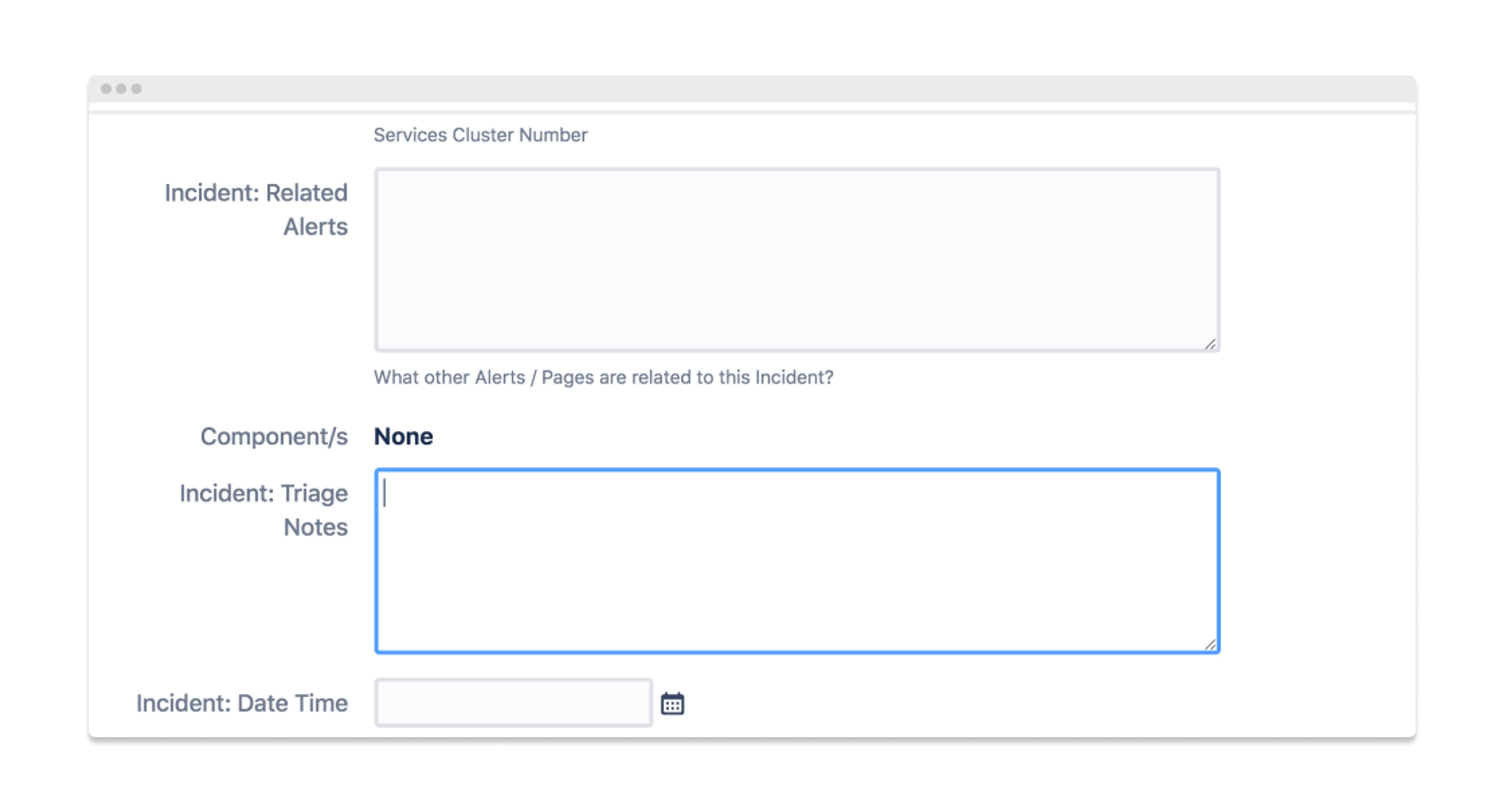 A computer screen displaying a form with fields for incident-related alerts, components, triage notes, and incident date and time. The form includes a section labeled "Services Cluster Number.