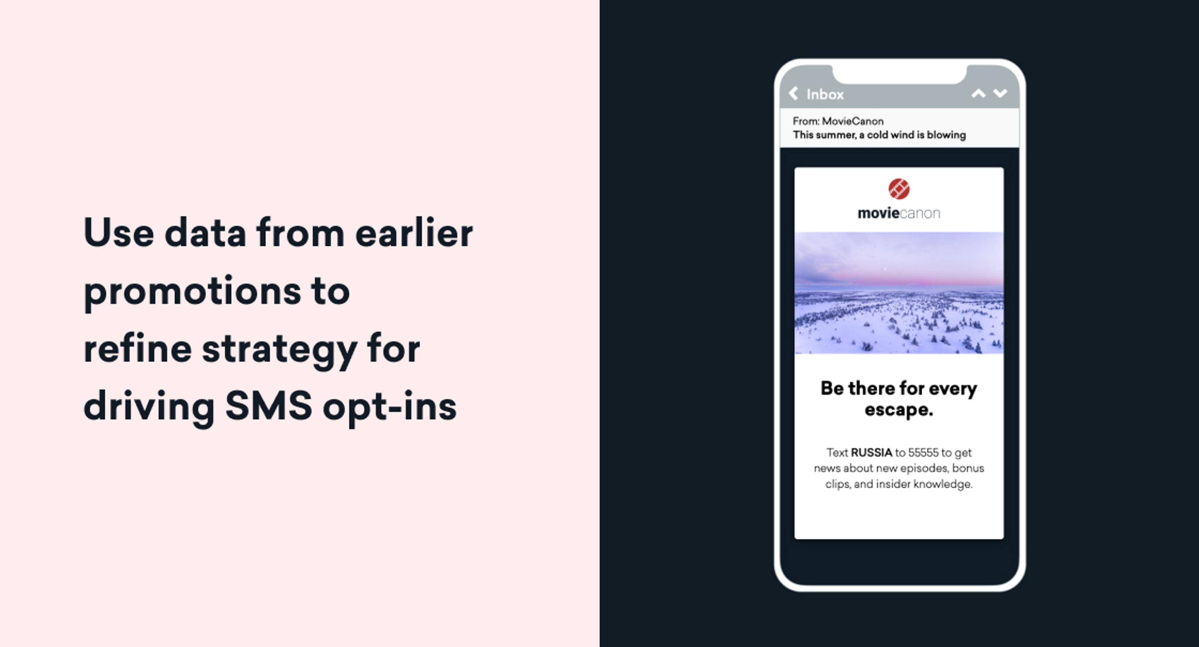 Graphic showing the text “Use data from earlier promotions to refine strategy for driving SMS opt-ins” beside a smartphone mockup displaying a promotional SMS message from a brand called MovieCanon.