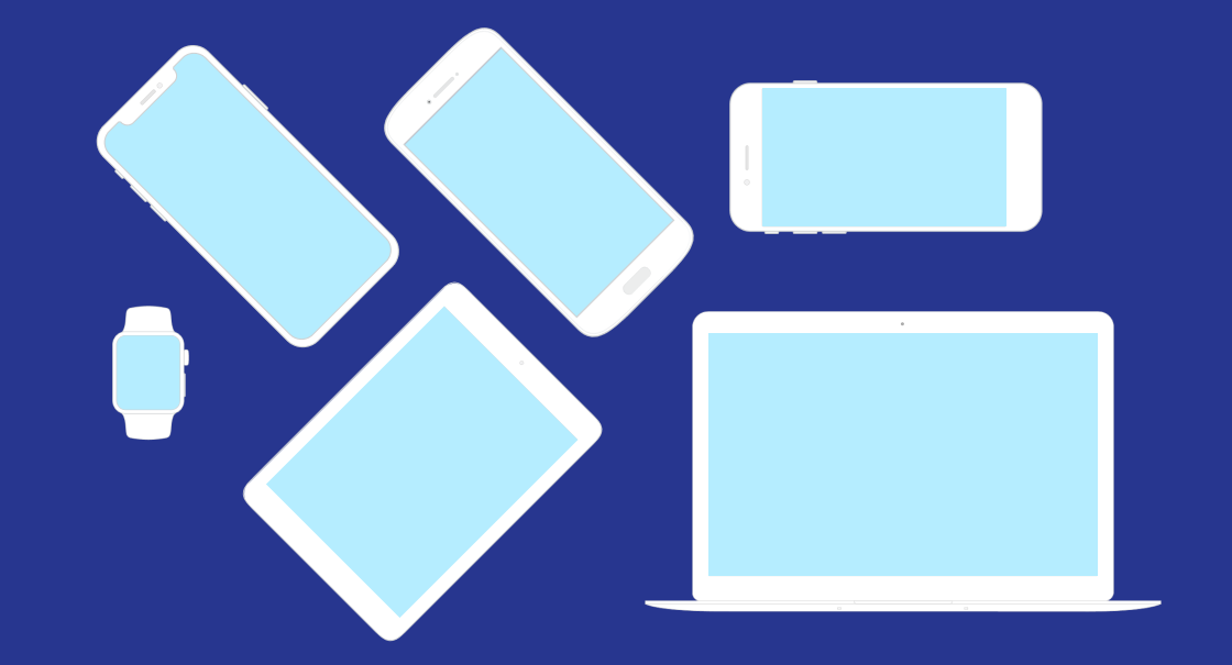 A collection of various electronic devices including smartphones, a tablet, a smartwatch, and a laptop, all displayed on a blue background. The screens of the devices are blank.