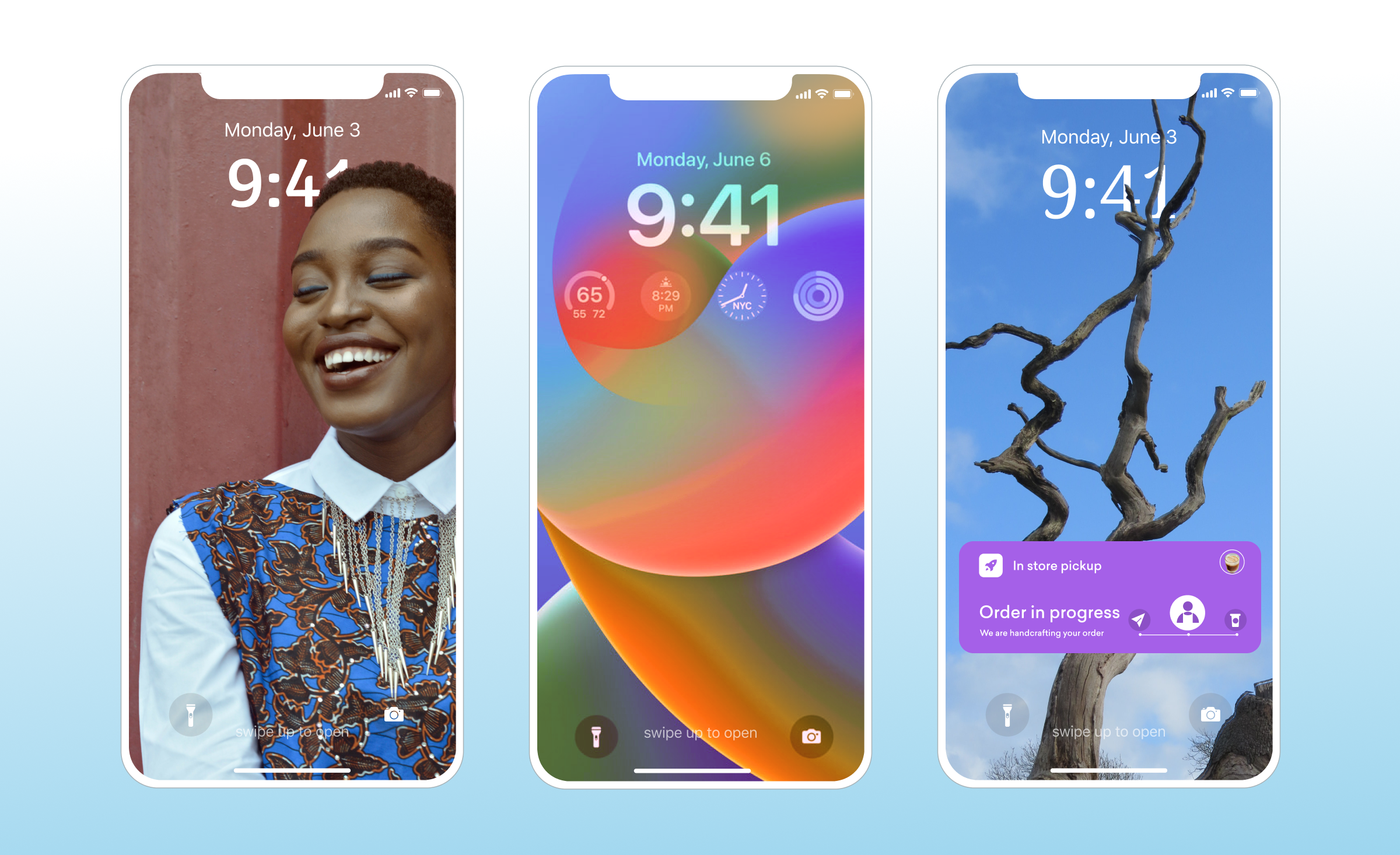 Three smartphone screens displaying different lock screens. The first features a smiling person, the second shows colorful app icons and the date, and the third displays a tree against a blue sky with a notification for an order pickup.