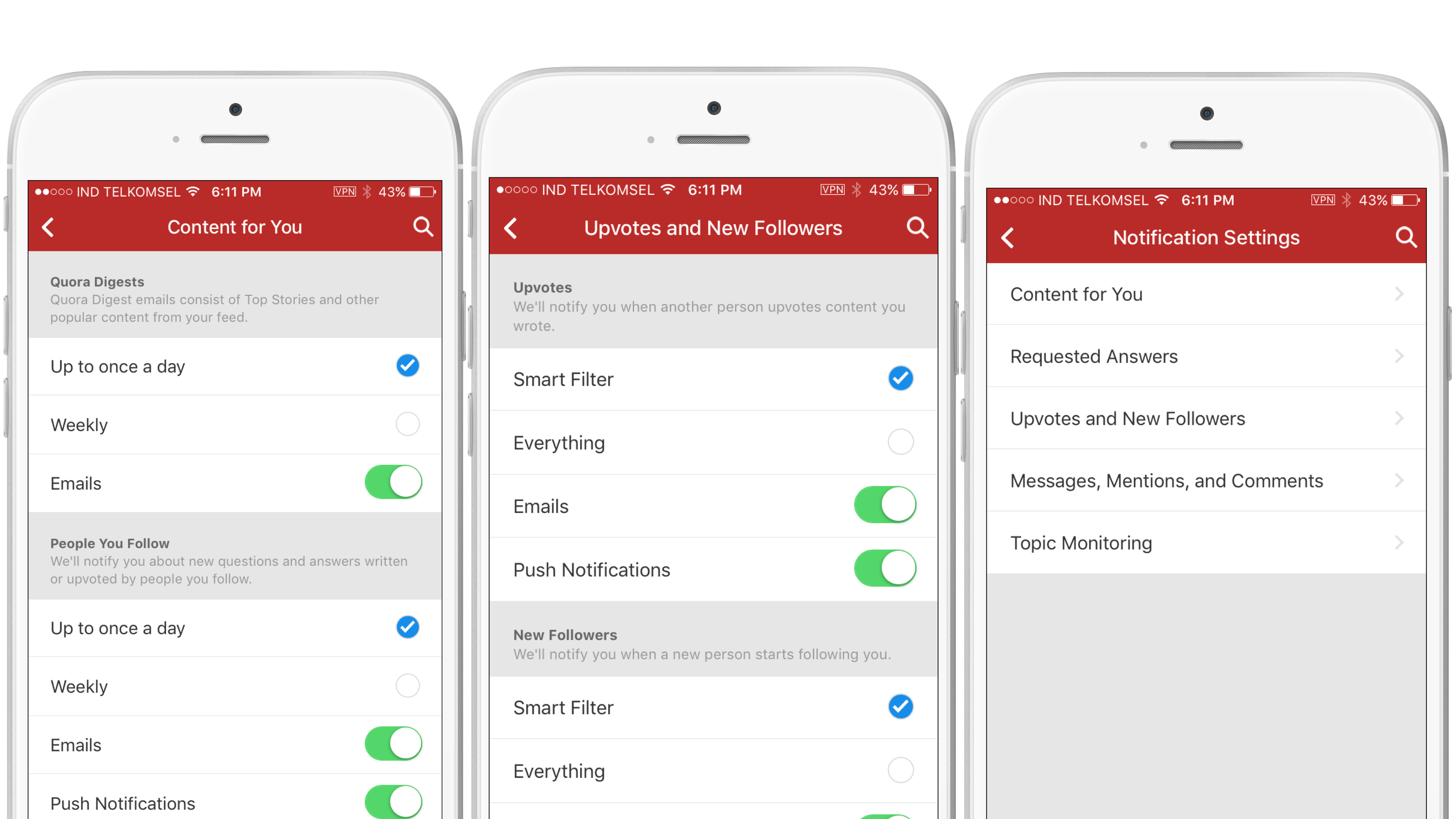 Three smartphone screens displaying settings for a mobile app. The screens show options for content preferences, upvotes and followers, and notification settings.
