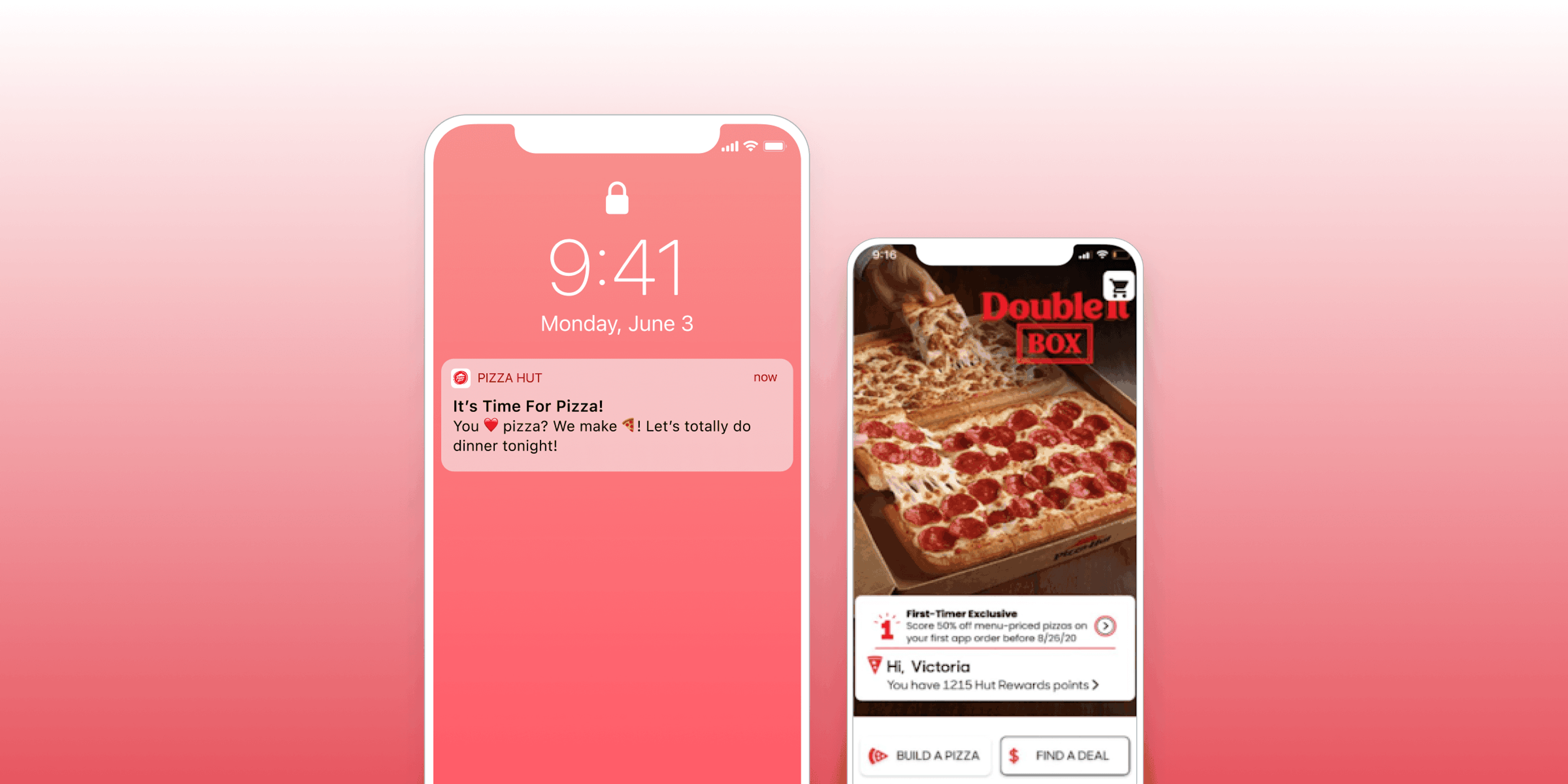 A smartphone screen displaying a notification for Pizza Hut, suggesting dinner plans. The right side shows a pizza deal with a Double Box promotion.