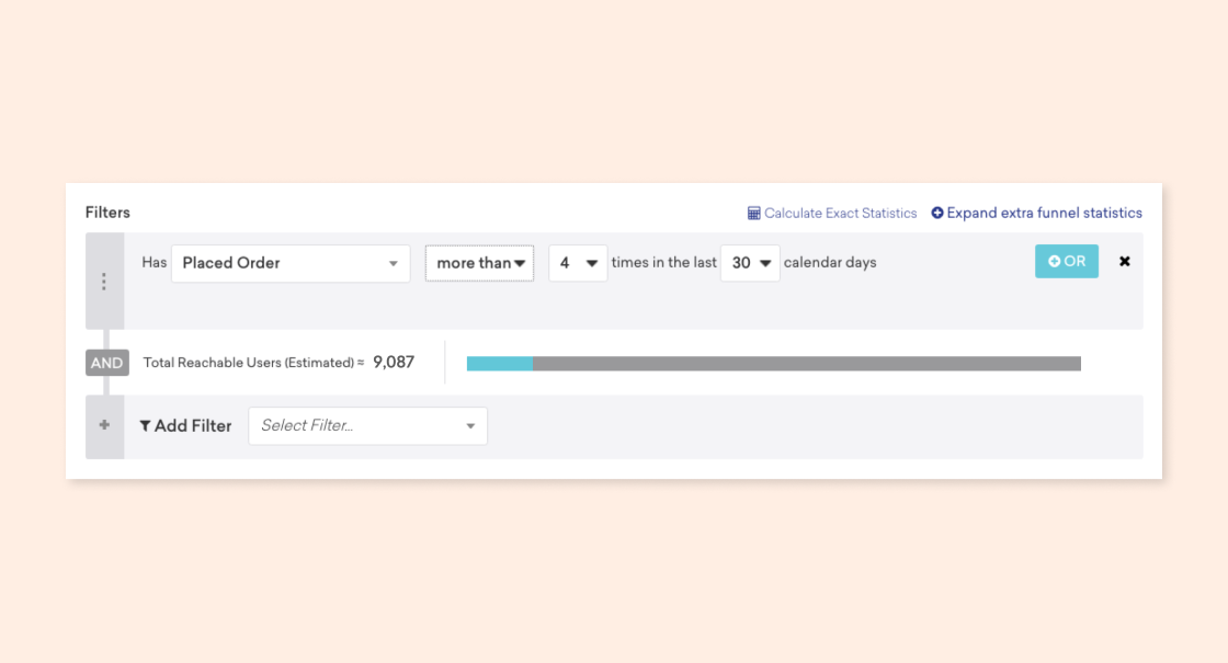 A user interface displaying filter options for analyzing user data, including criteria for placed orders and total reachable users. The layout features dropdown menus and a progress bar.