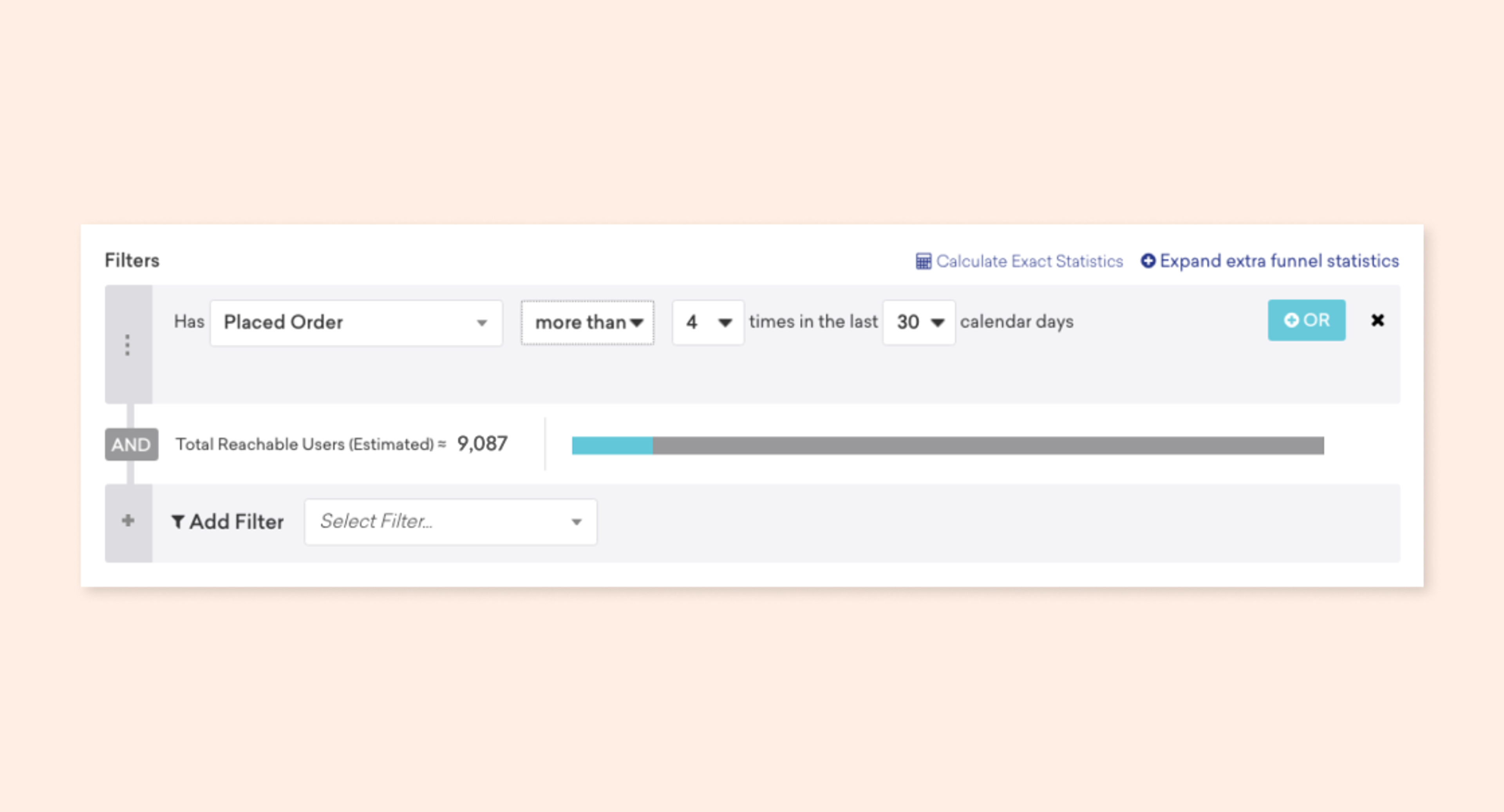 A user interface displaying filter options for analyzing user data, including criteria for placed orders and total reachable users. The layout features dropdown menus and a progress bar.