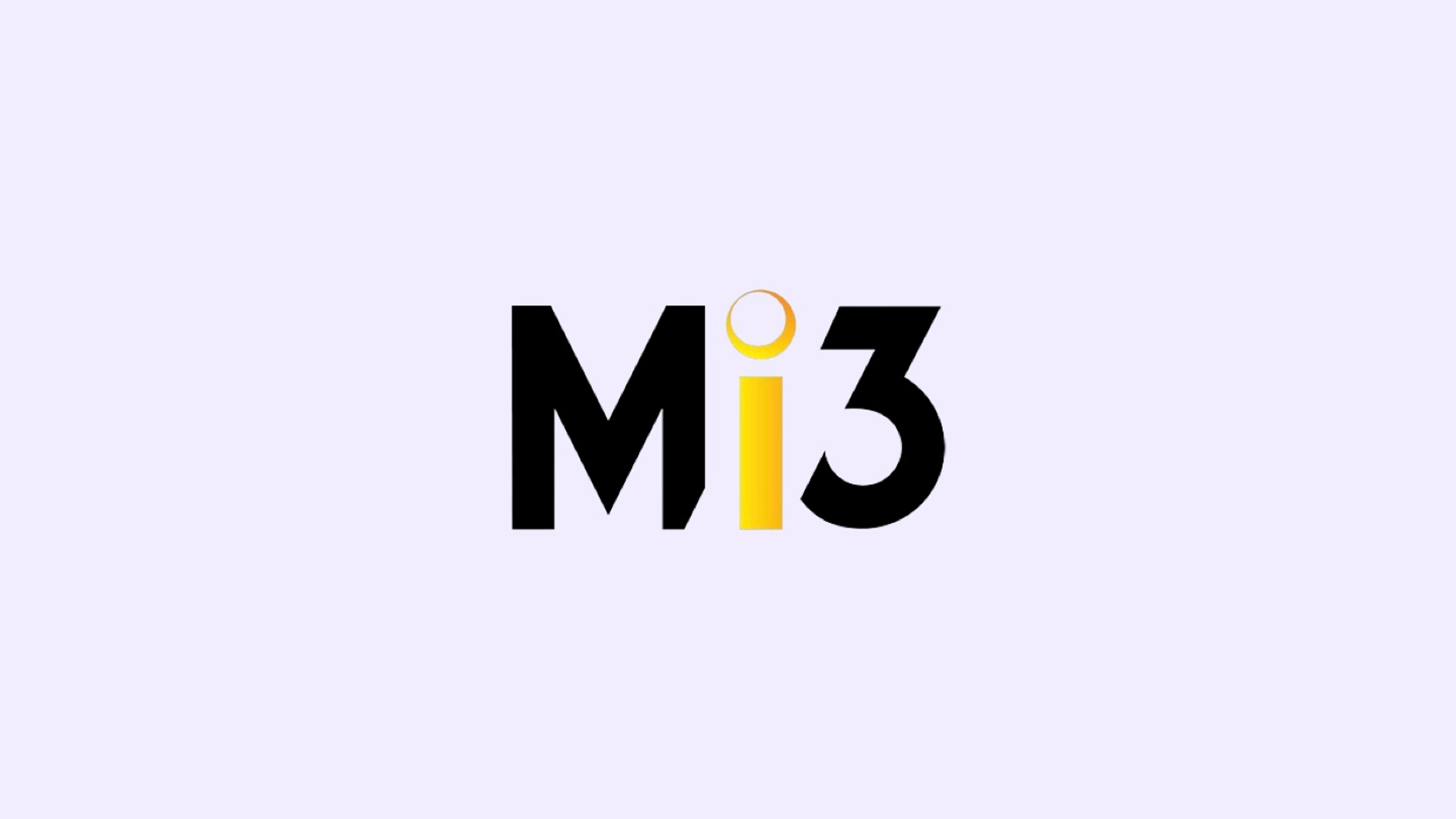 Mi3 logo in black and yellow on a pale lavender background.