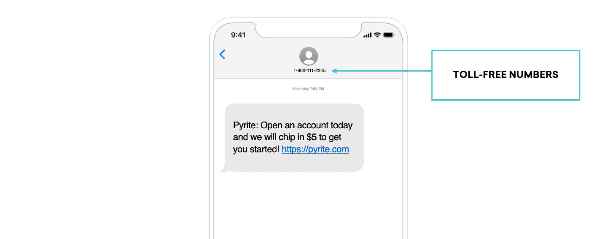 A smartphone screen displaying a text message from a toll-free number about opening an account with a link to a website.