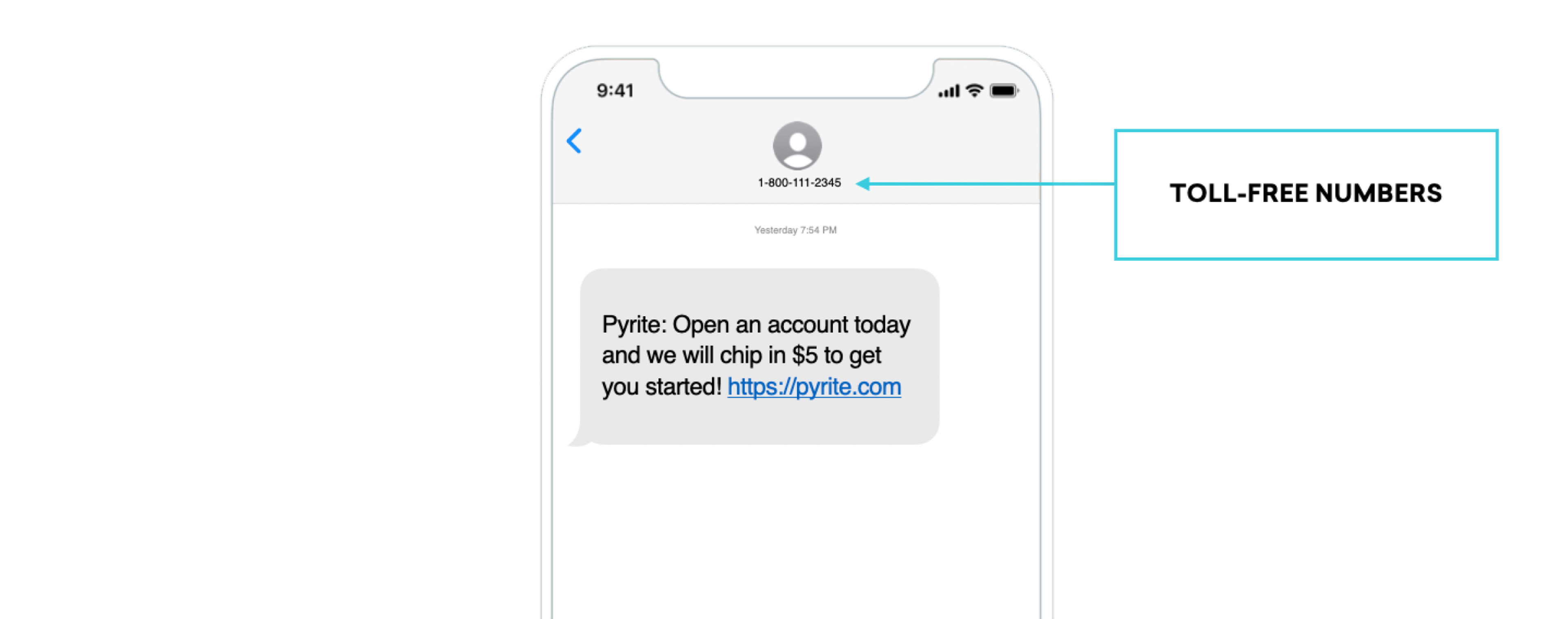 A smartphone screen displaying a text message from a toll-free number about opening an account with a link to a website.