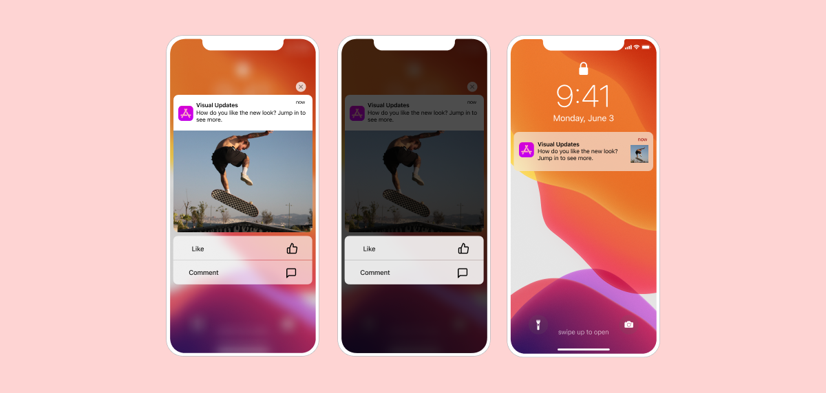 Three smartphone screens displaying notifications about visual updates, featuring a skateboarder on the left screen and a time display on the right screen. The background is a soft pink.