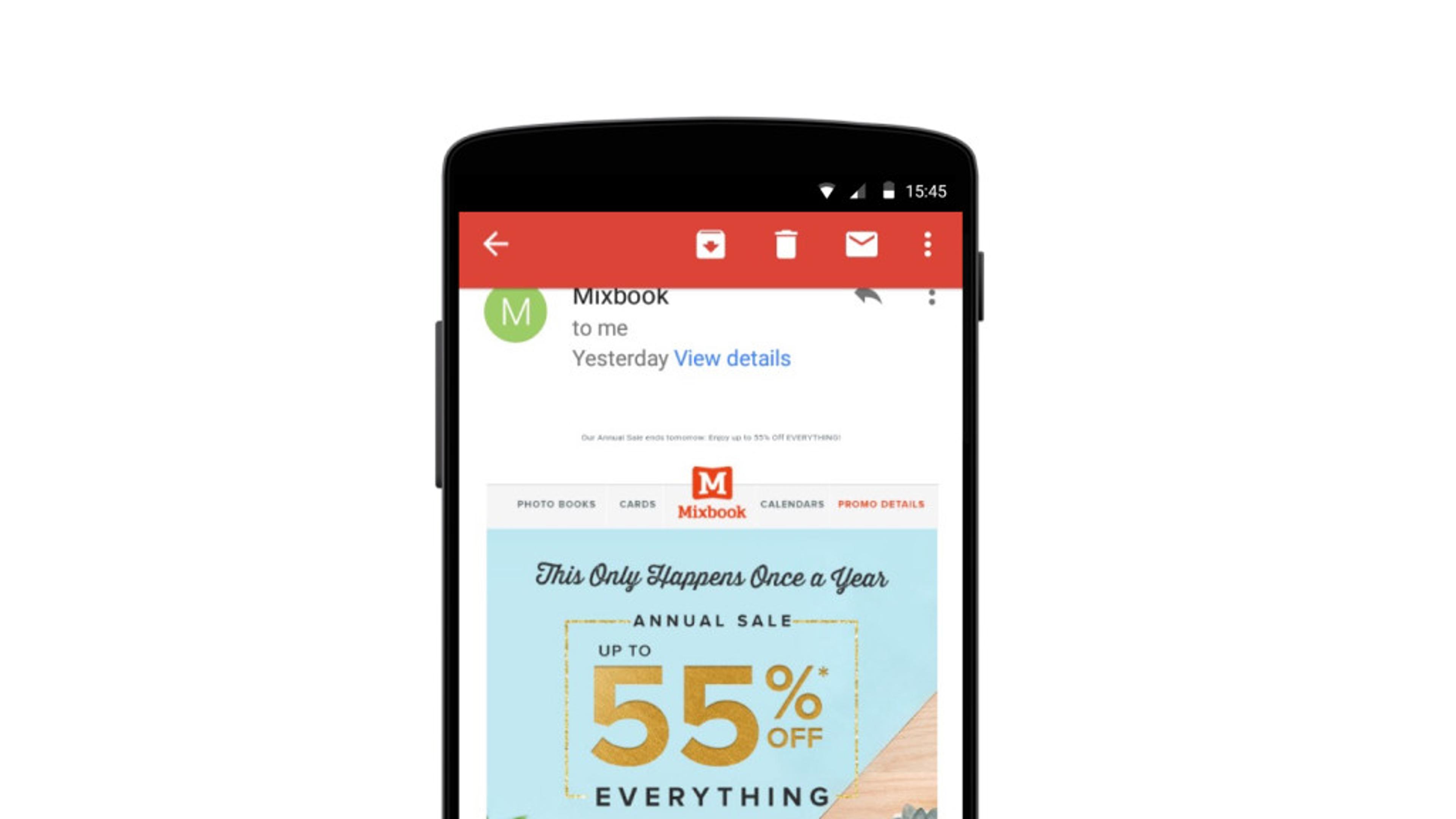 A smartphone screen displaying an email from Mixbook about an annual sale with a discount of up to 55% off. The email includes promotional details and images related to photo books and calendars.