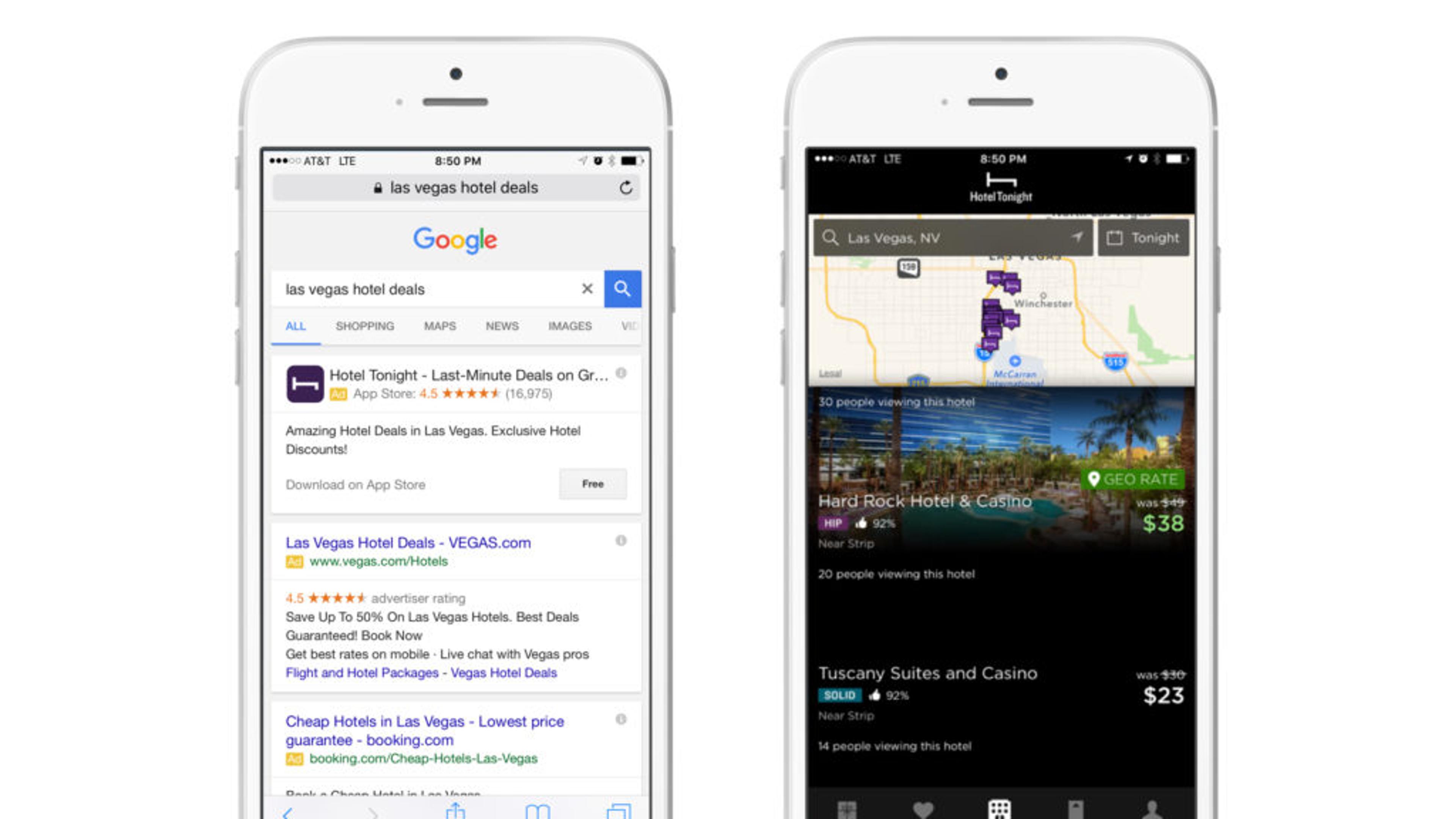 A smartphone screen displaying a Google search for "Las Vegas hotel deals" on the left and the Hotel Tonight app showing hotel options on the right.