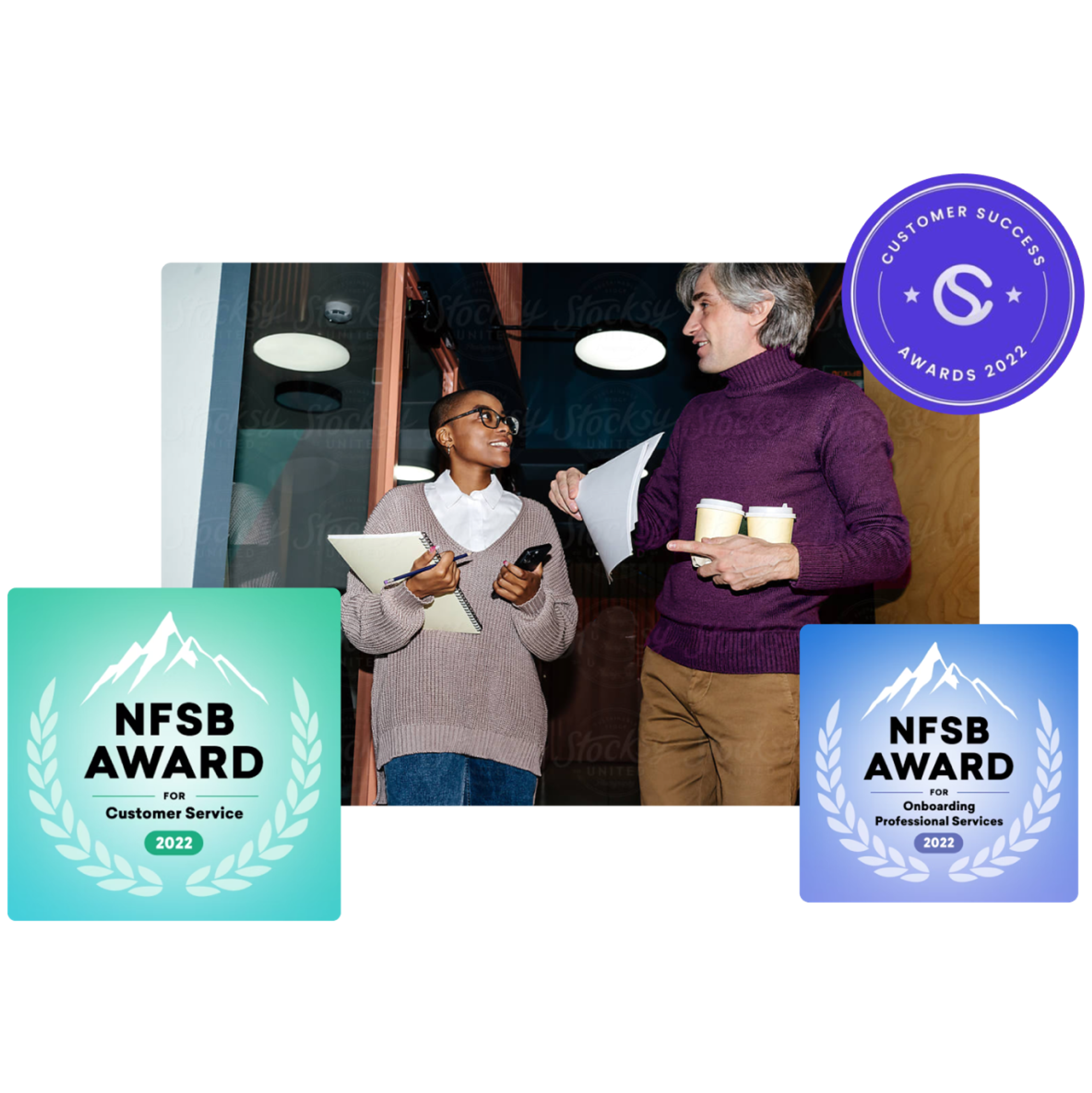 a man and a woman standing next to each other with nfsb awards on the bottom