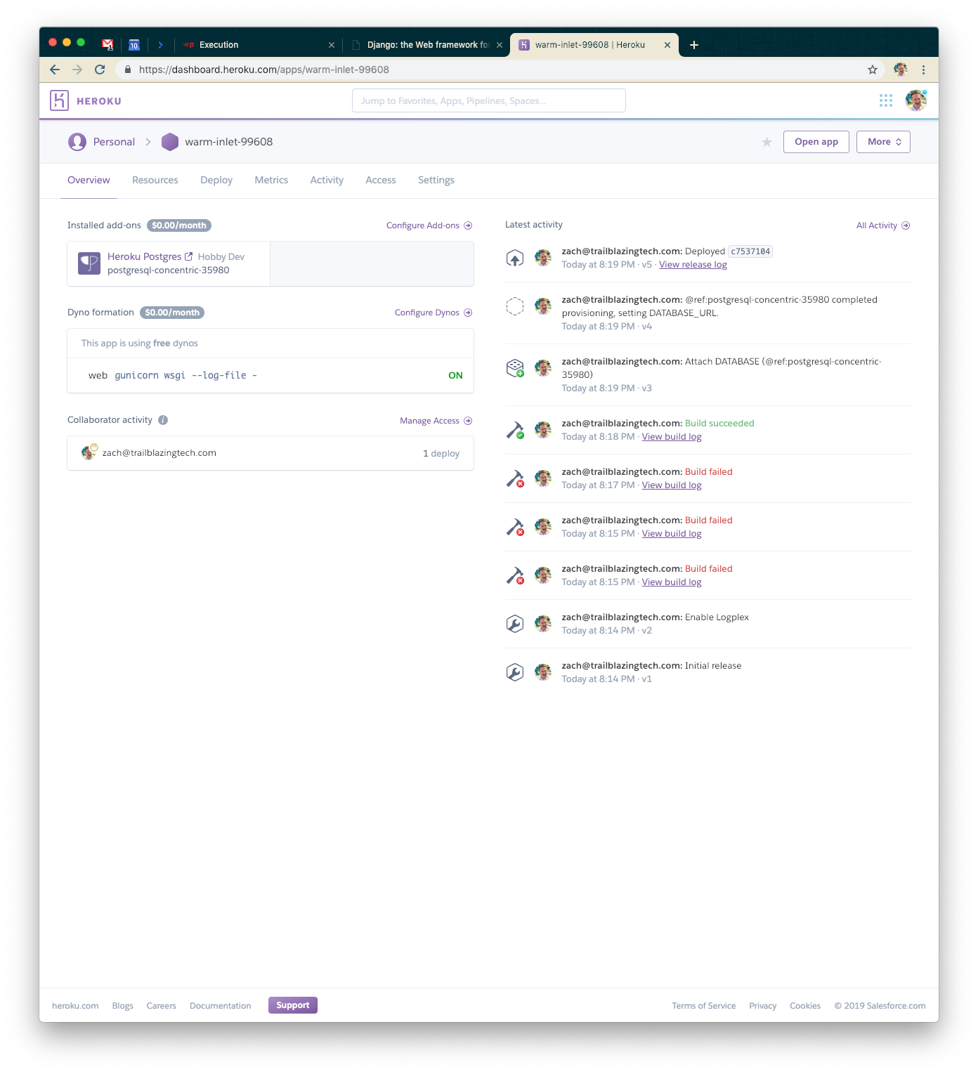 A web dashboard displaying project settings and recent activity for a Heroku application, including configuration options and contributor actions.