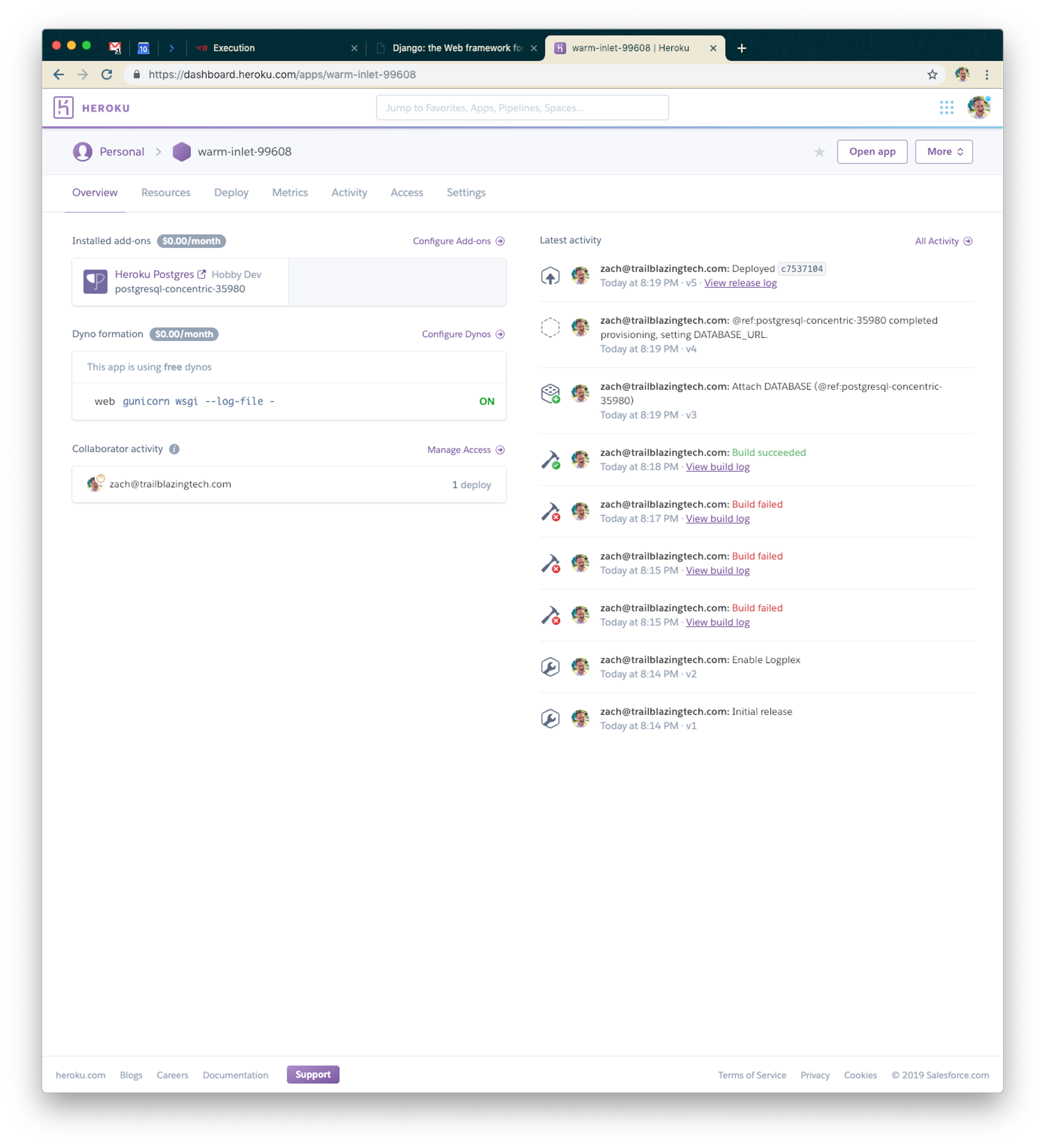 A web dashboard displaying project settings and recent activity for a Heroku application, including configuration options and contributor actions.