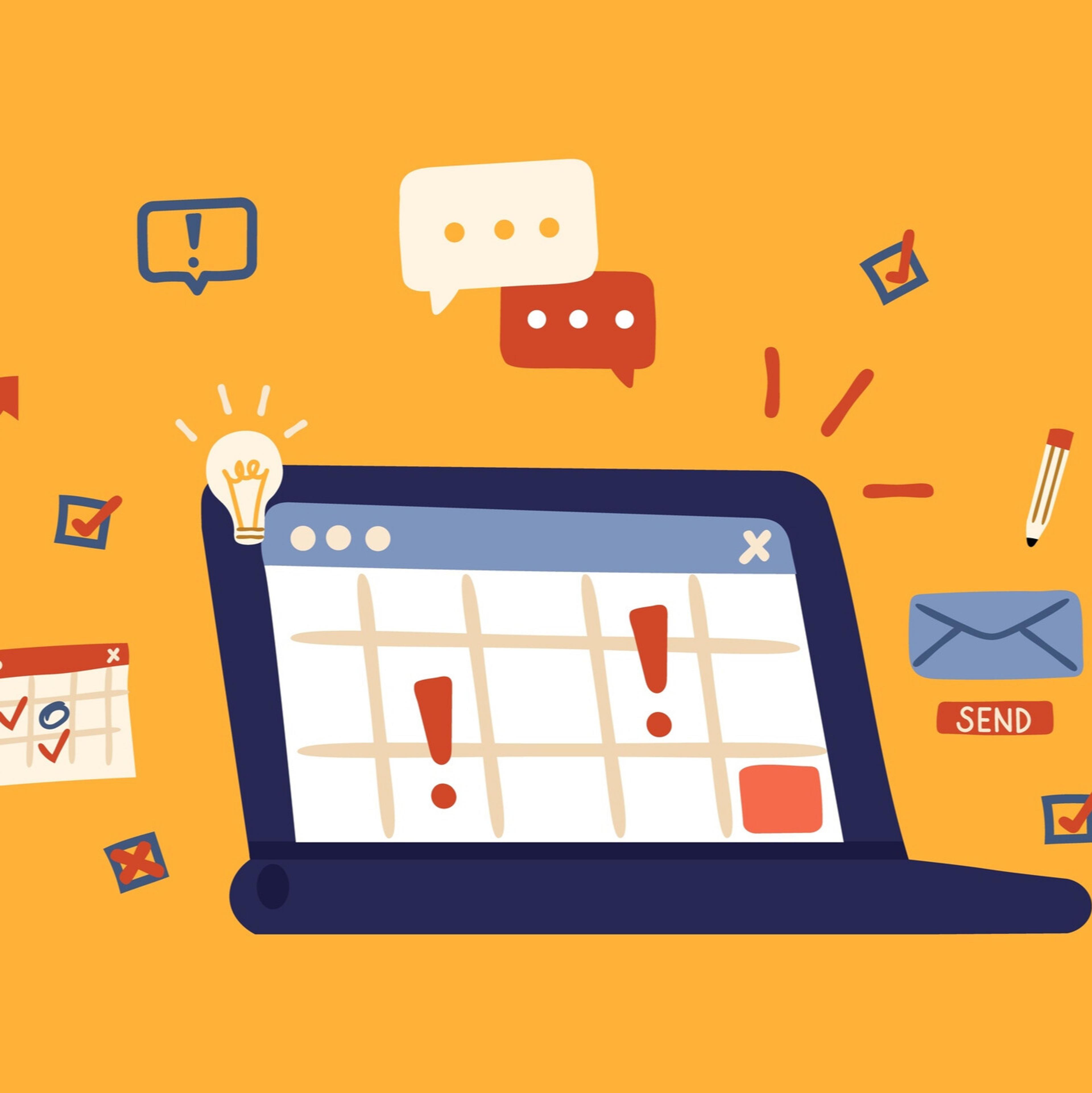 an illustration of a laptop computer with a calendar on the screen surrounded by icons .
