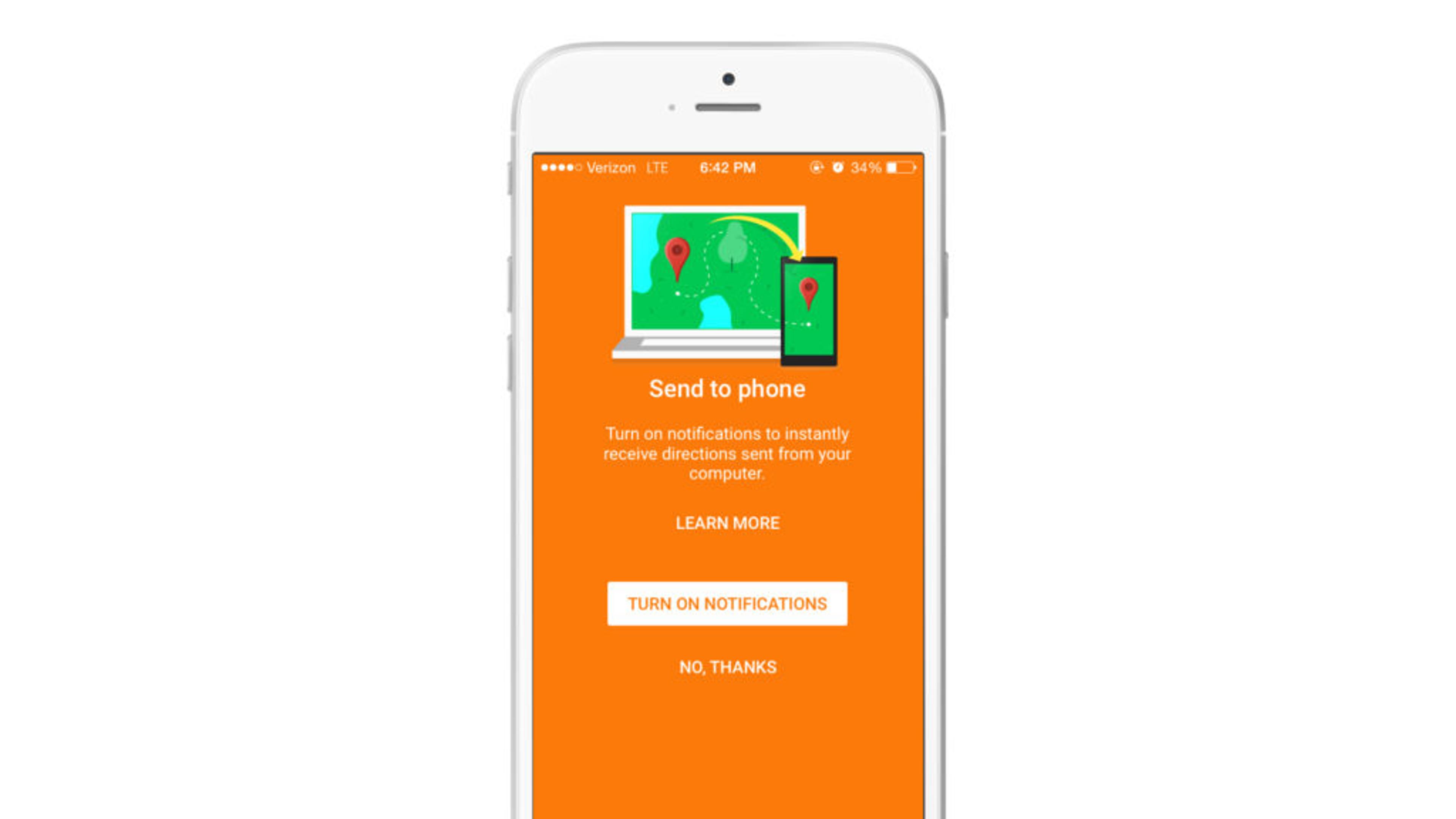 A smartphone displaying a prompt to send directions to the phone from a computer, with options to turn on notifications or decline. The background is orange with an illustration of a map and devices.