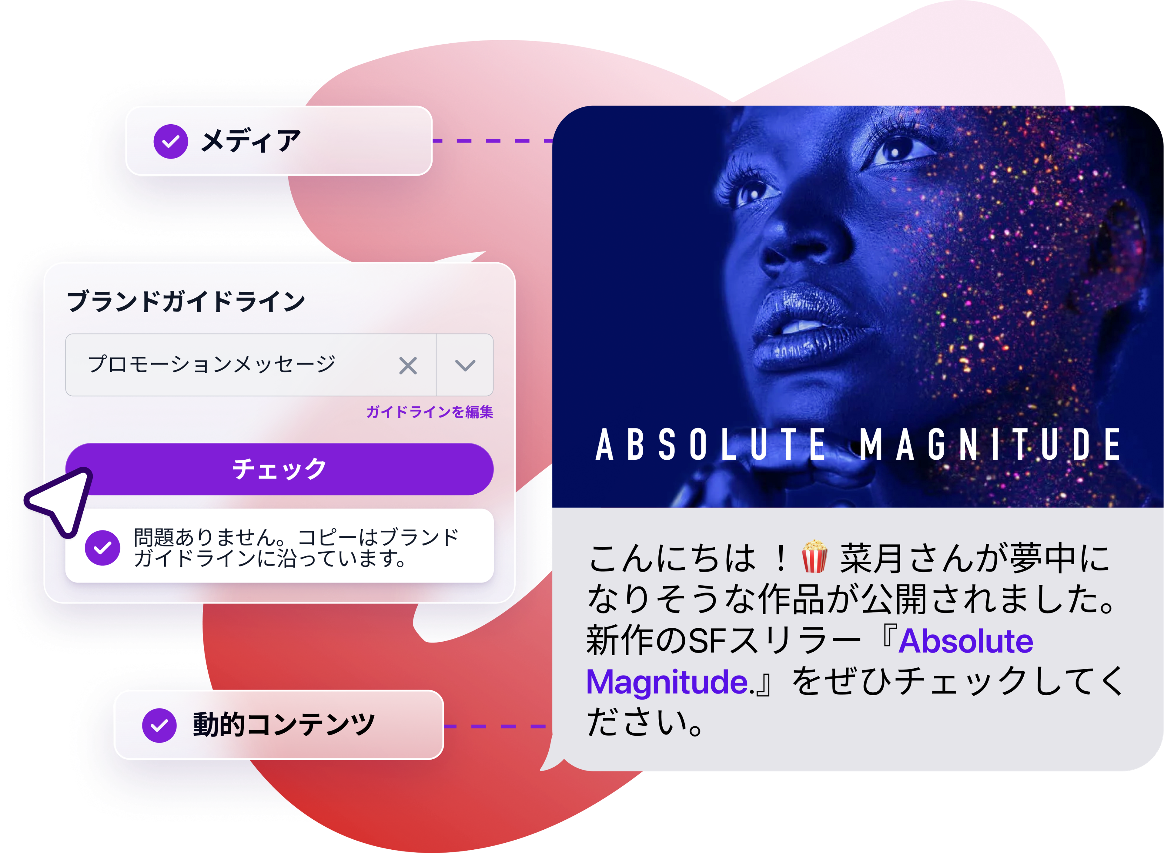 ブランドガイドラインチェック、メディア統合、「Absolute Magnitude」向けのパーソナライズされたメッセージが表示されたコンテンツ作成プラットフォームのインターフェース。