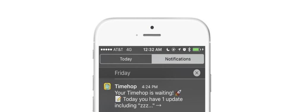 A smartphone screen displaying a notification from the Timehop app, indicating that there is an update available. The time and date are also visible at the top of the screen.