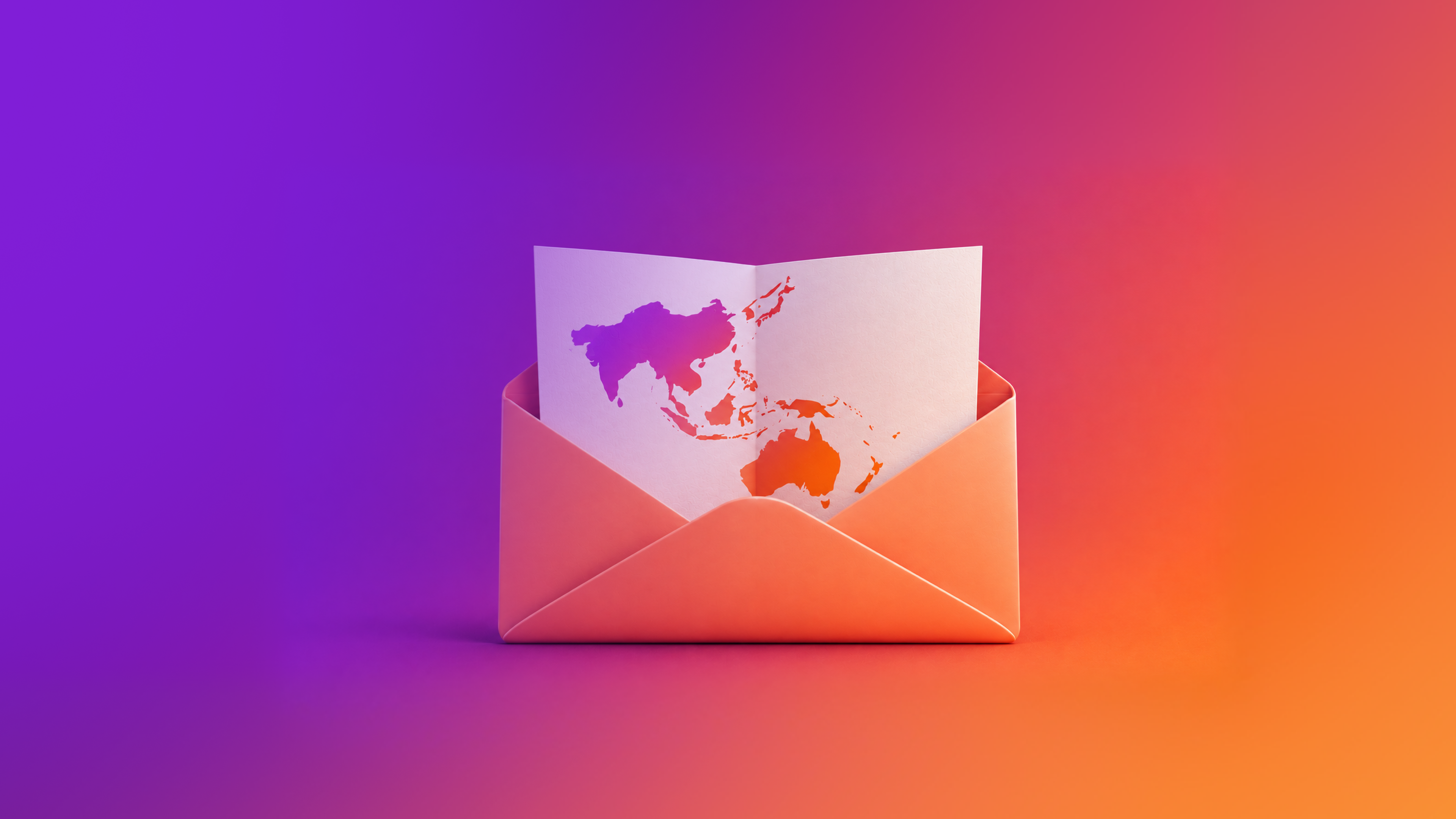 Illustration of an open orange envelope holding a paper with a purple and orange map of Asia-Pacific on a purple-to-orange gradient background.