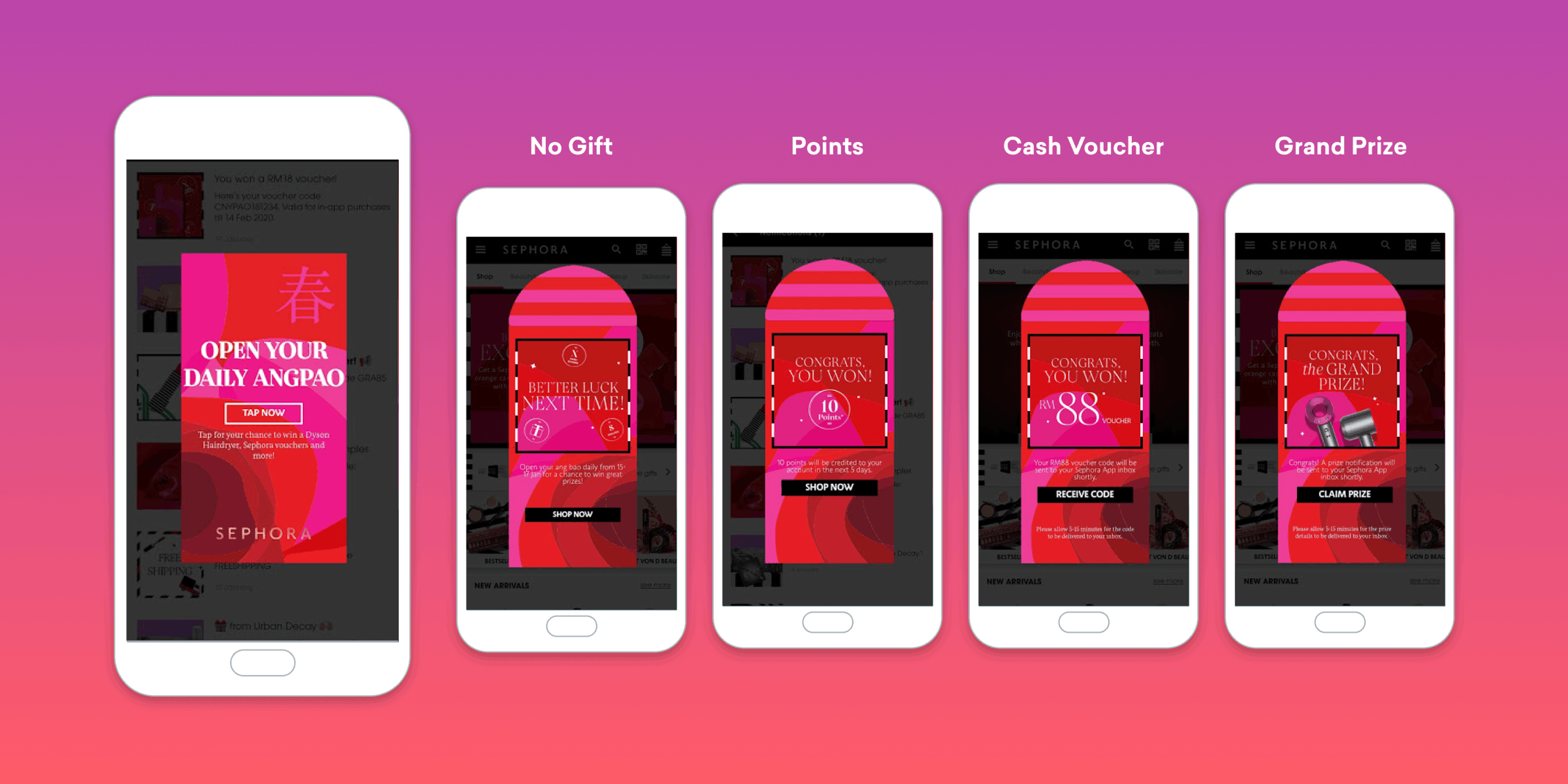 A digital promotional display from Sephora featuring a "Daily Angpao" campaign with options for no gift, points, cash voucher, and a grand prize. The background is a gradient of pink hues.