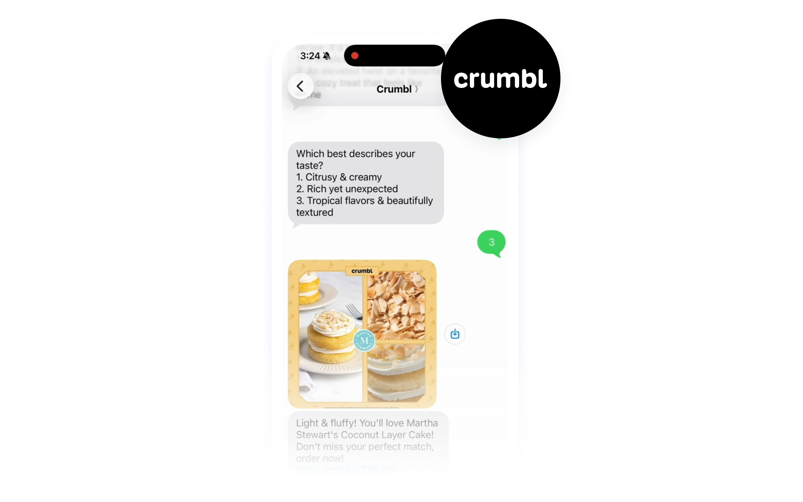 An image showing a phone with text messages from Crumbl