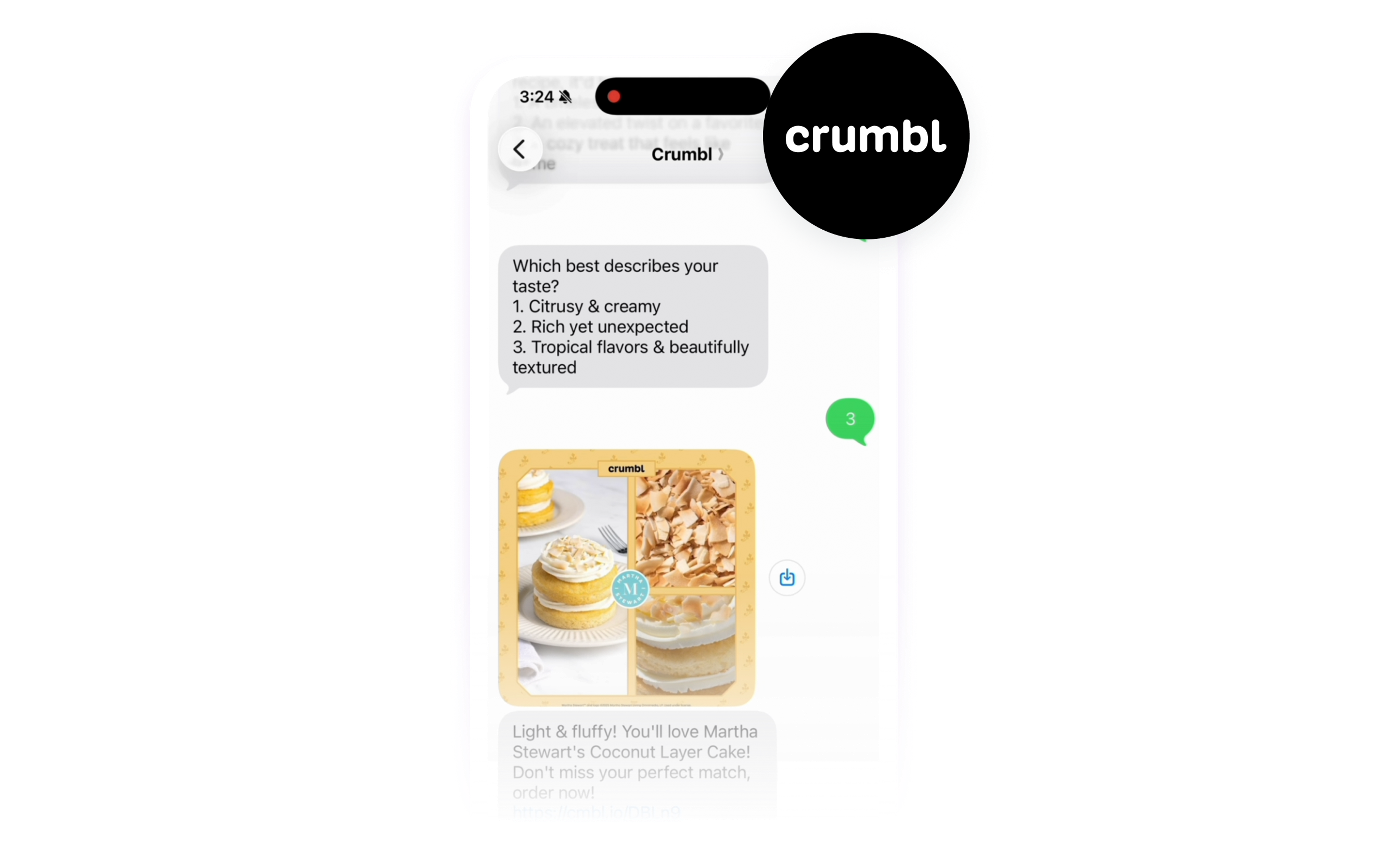 An image showing a phone with text messages from Crumbl
