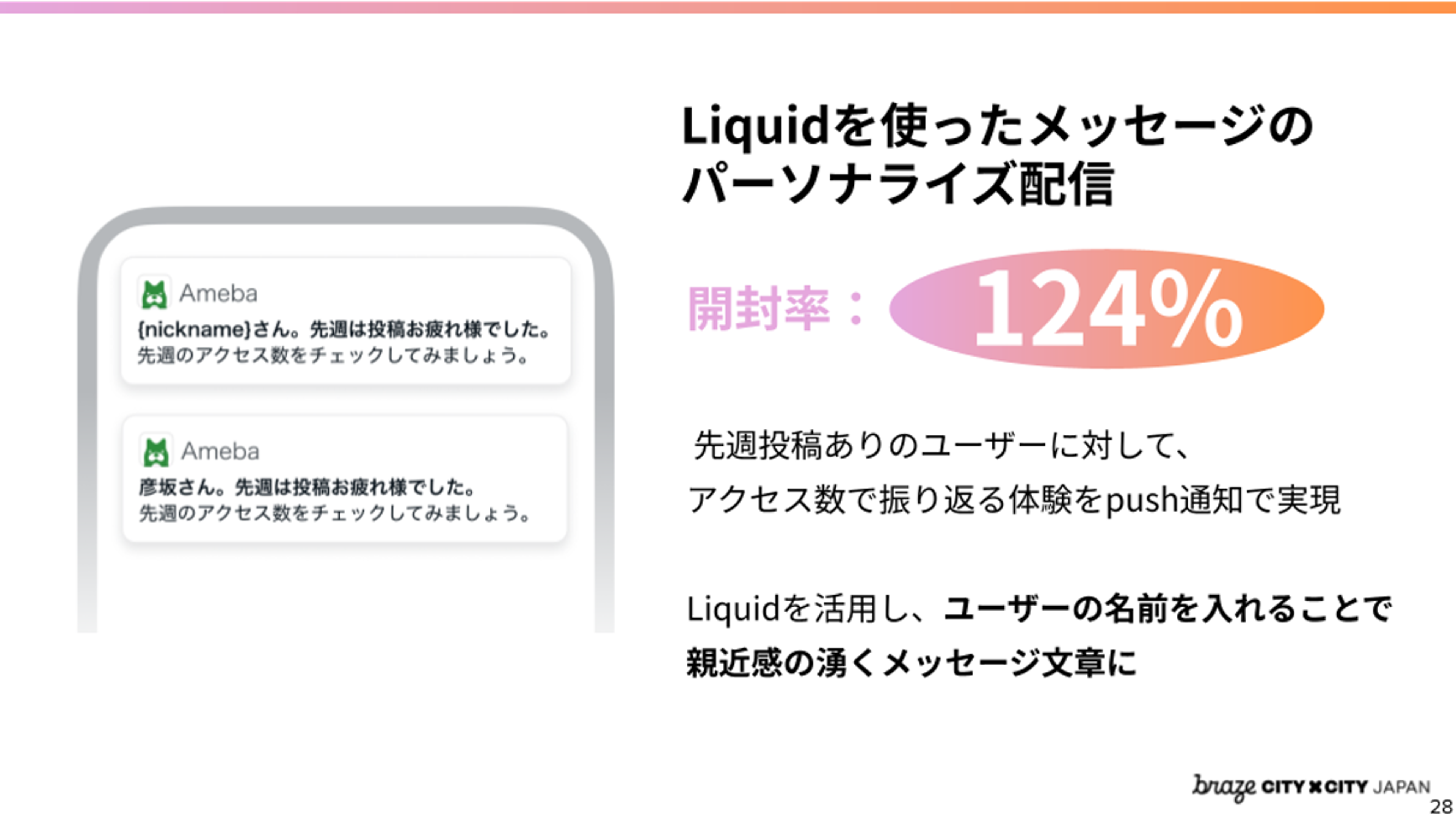 Liquidを使ったメッセージのパーソナライズ配信についてのスライド。開封率は124%で、ユーザー名を活用した親近感のあるメッセージ文言が示されています。