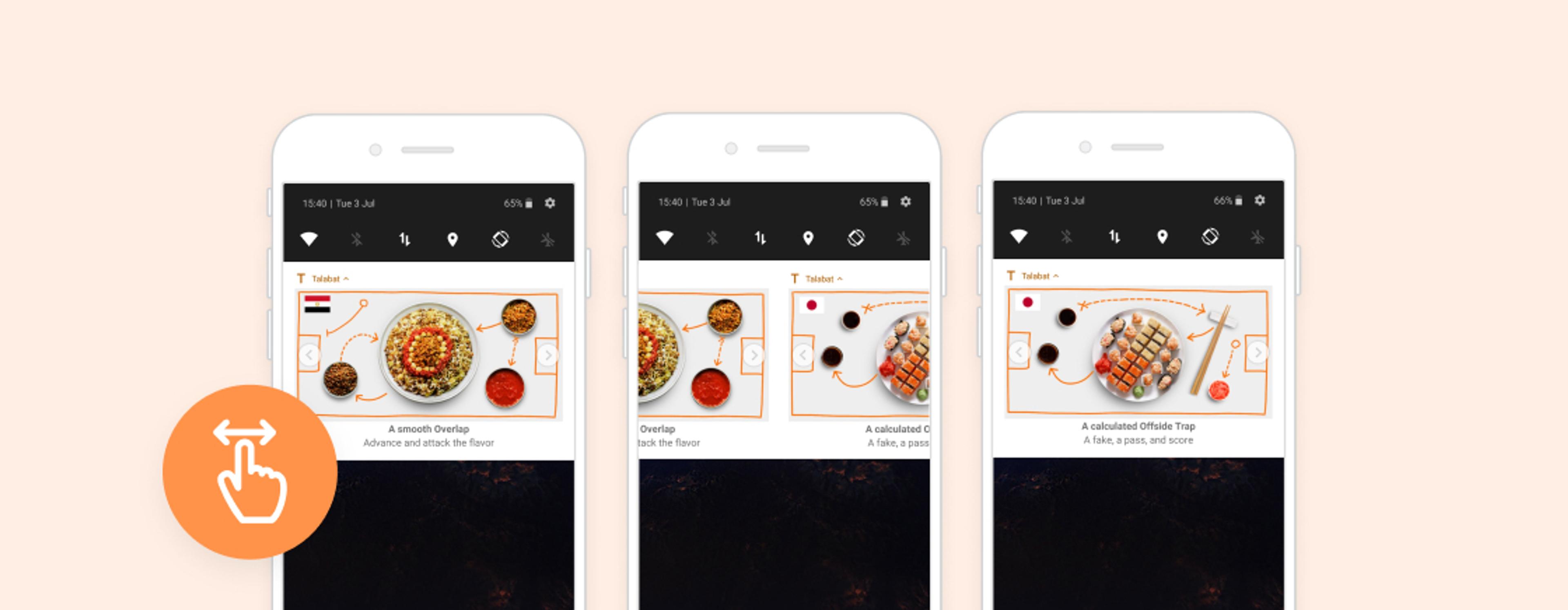 Three smartphone screens showcasing an interactive food app with swiping gestures.