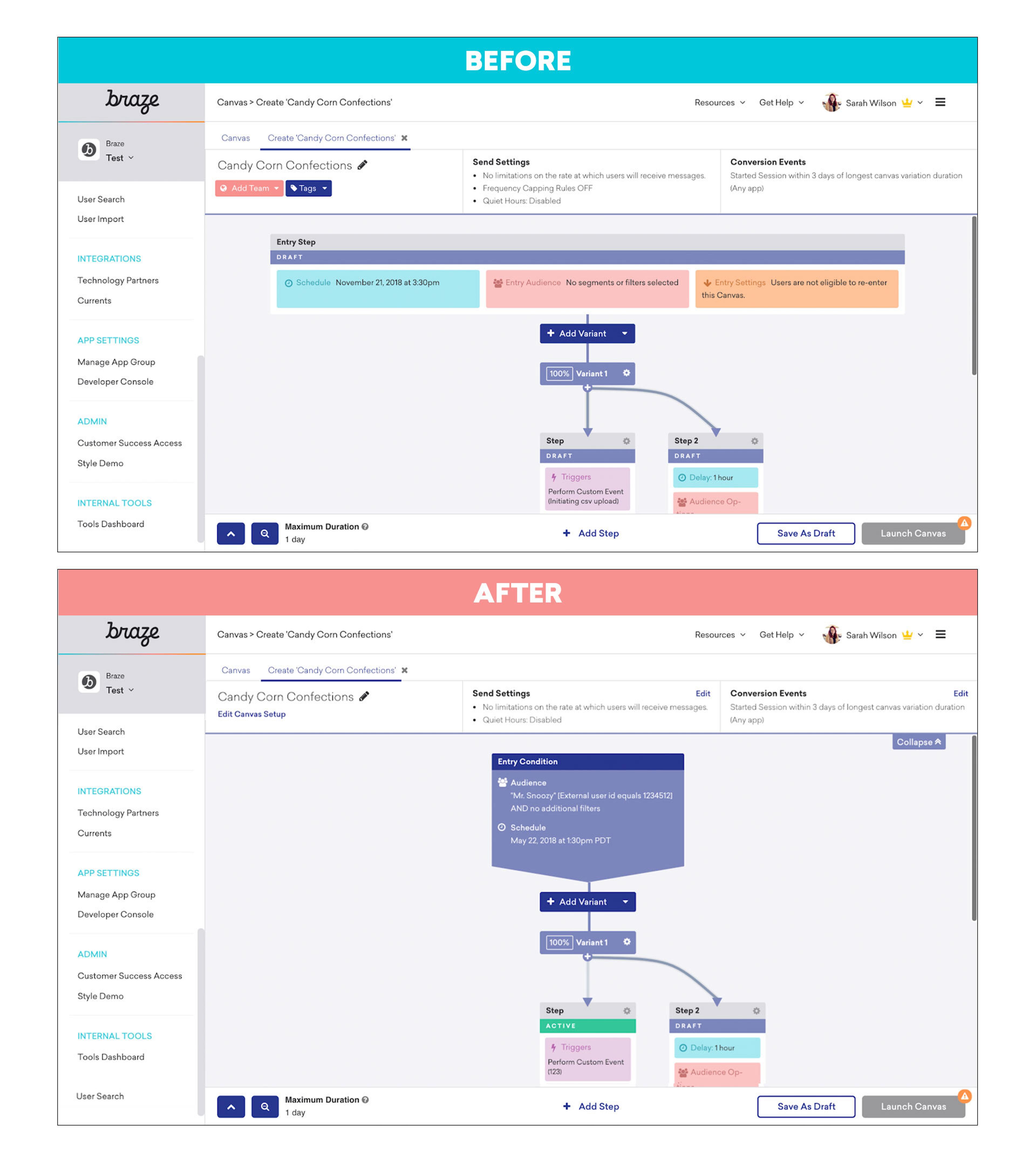 Comparison of two user interface screens for a tool named "Candy Corn Collections." The top section shows the "Before" state with a simpler layout, while the bottom section displays the "After" state with a more organized and detailed flowchart.