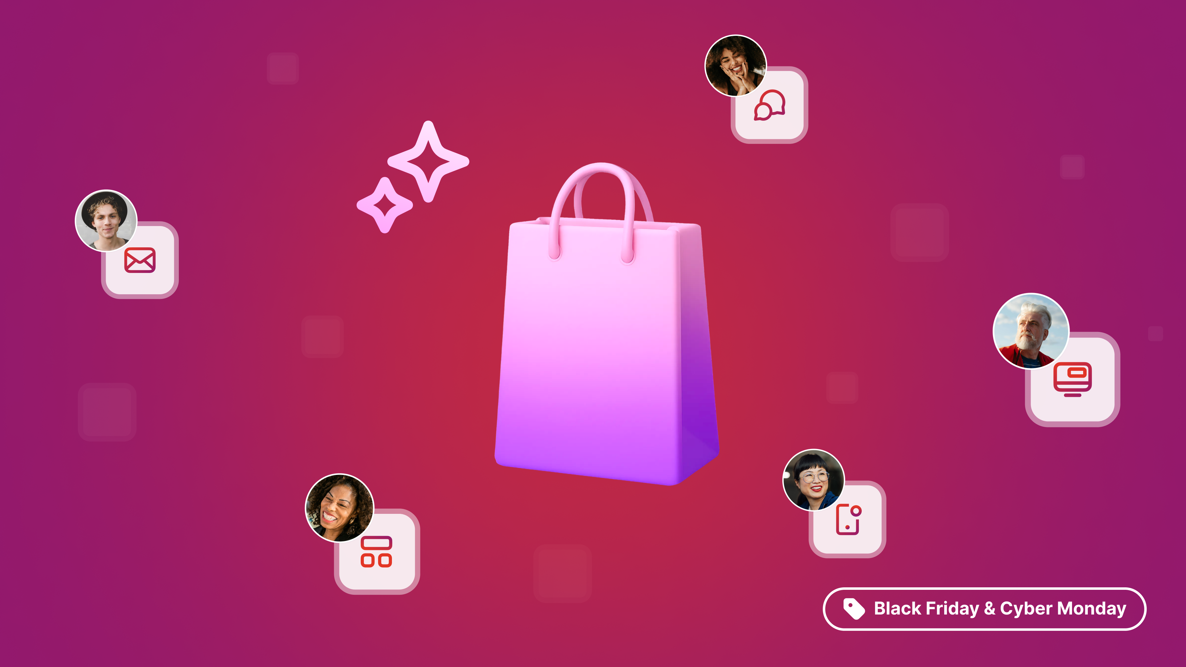 A gradient shopping bag surrounded by diverse user avatars, app icons, and a "Black Friday & Cyber Monday" tag.