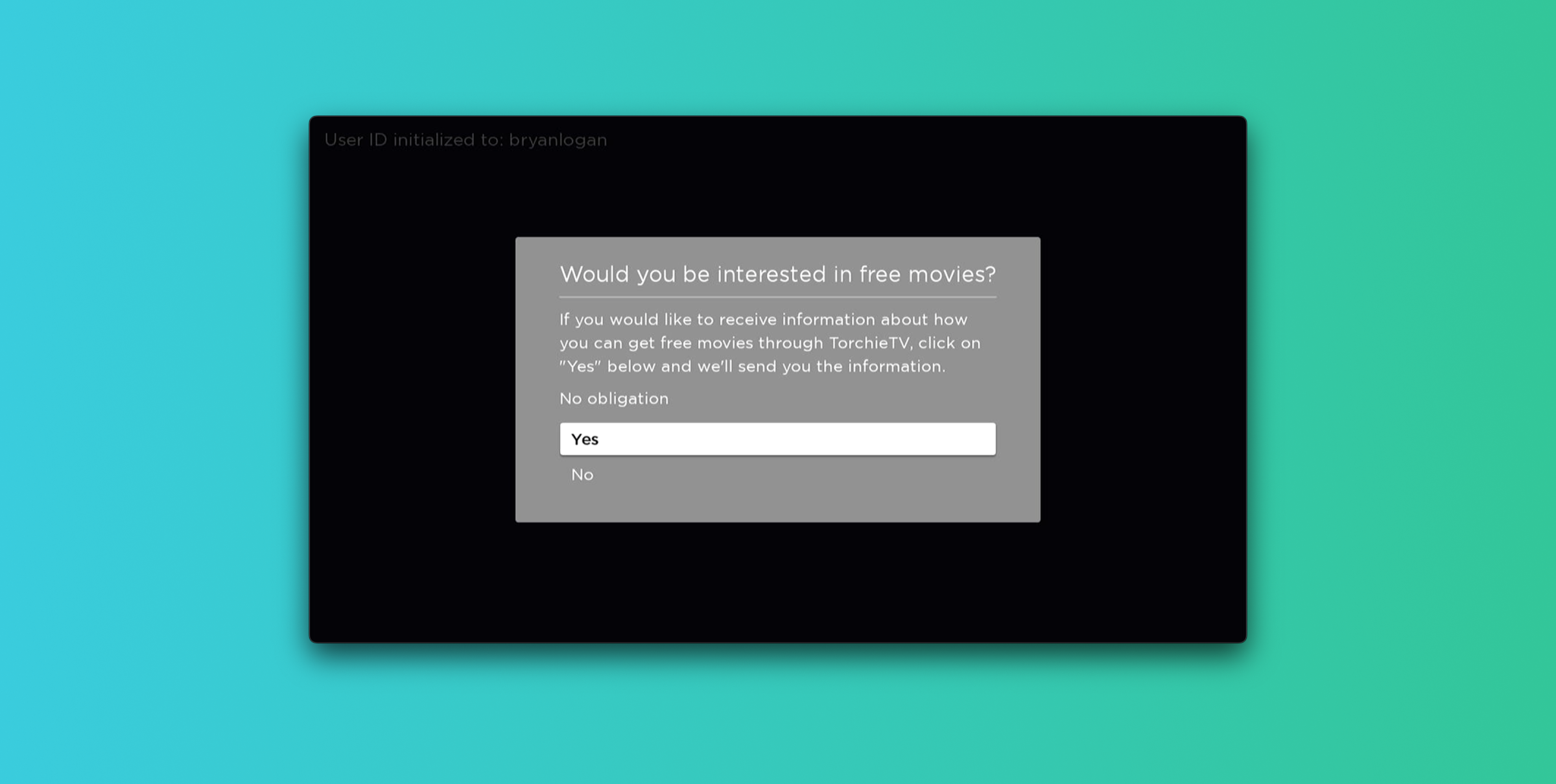 A prompt asking if the user is interested in receiving information about free movies, with options to respond "Yes" or "No.