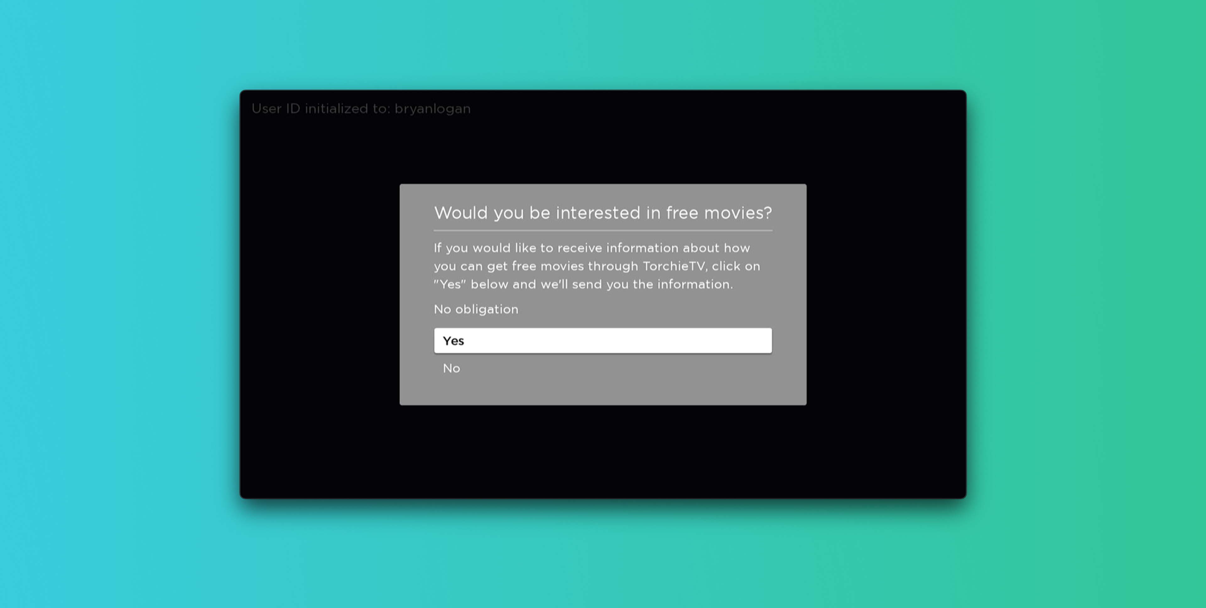 A prompt asking if the user is interested in receiving information about free movies, with options to respond "Yes" or "No.