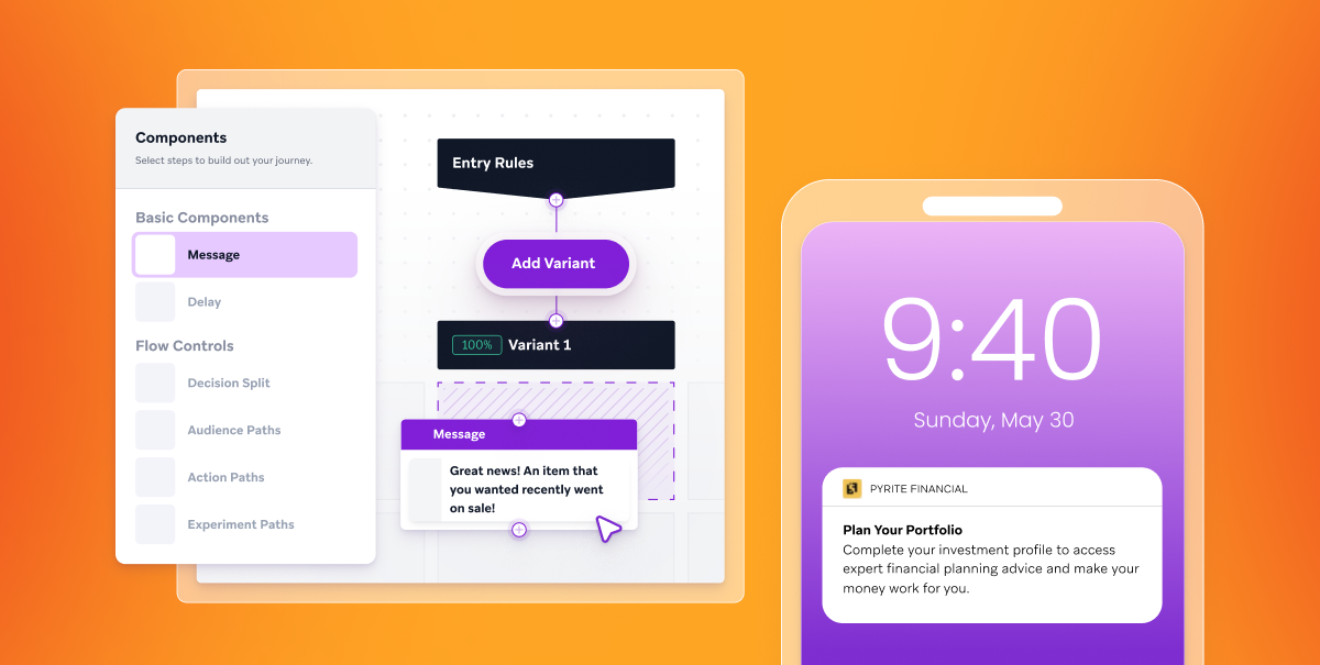 A digital interface showing components for a user journey, including entry rules and a message variant. A smartphone displays a notification about financial planning advice.