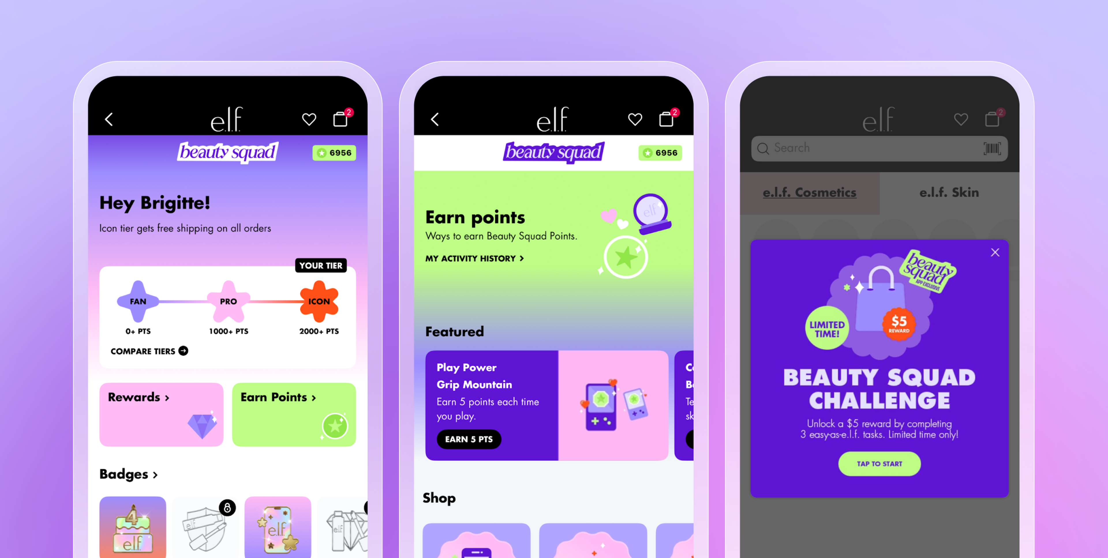 Three smartphone screens displaying the e.l.f. Beauty Squad app. The first screen welcomes a user, the second highlights earning points, and the third promotes a Beauty Squad Challenge with a reward.