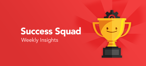 A smiling trophy with a gear on top, set against a red background, representing success and weekly insights.
