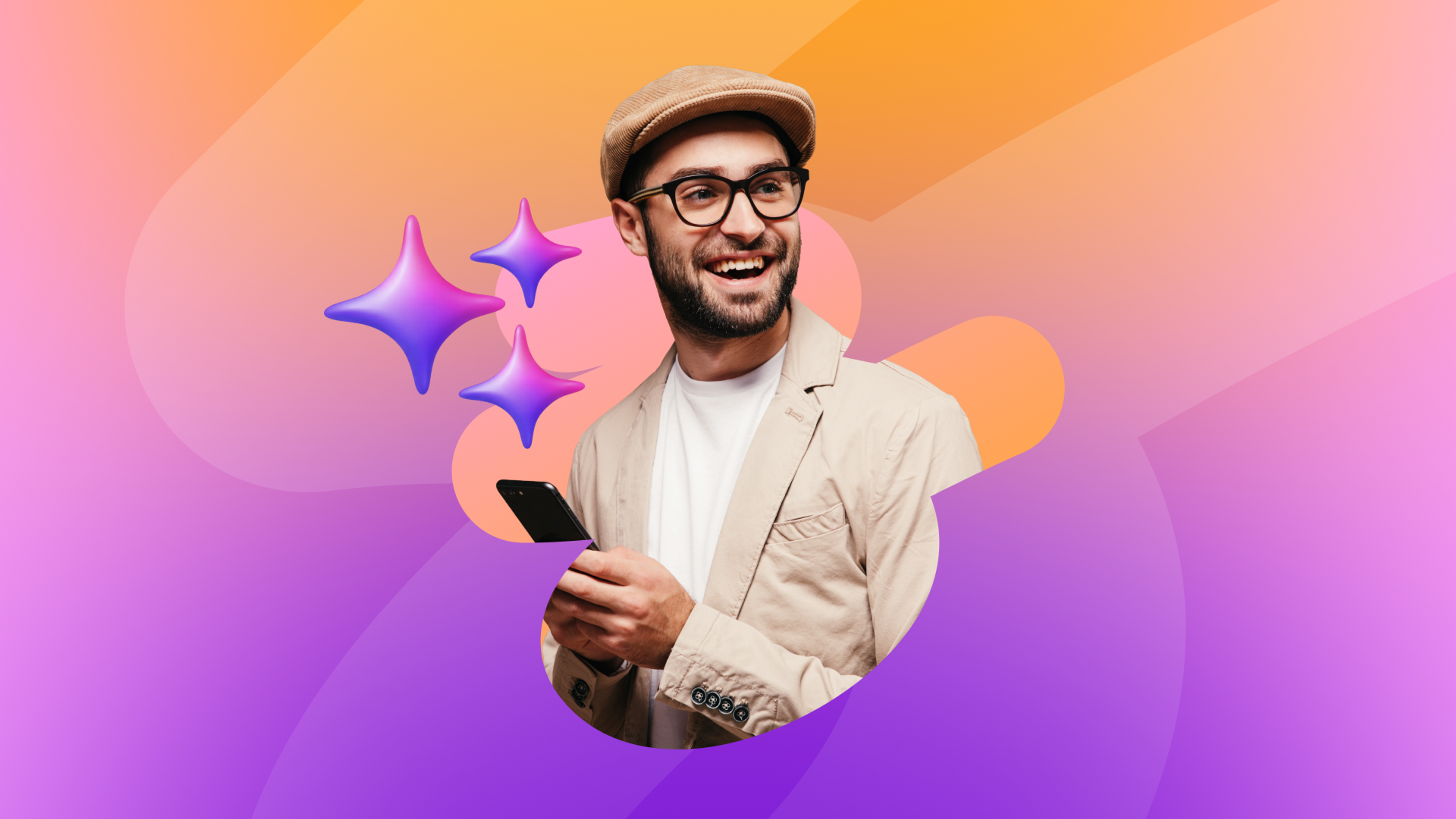 Happy man in a flat cap and glasses holding a phone, with three star emojis, on a vibrant orange and purple background.