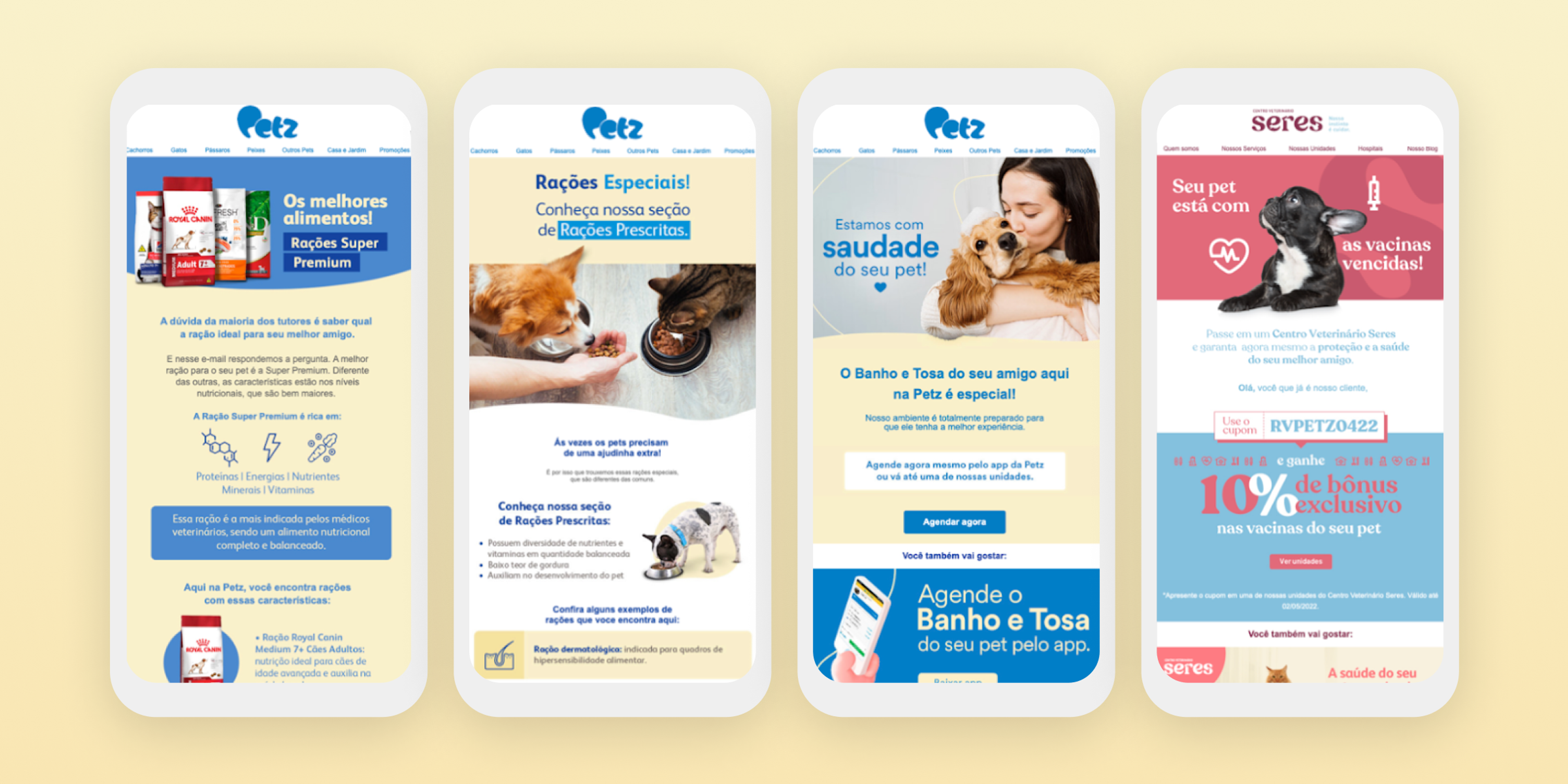 Four mobile screens displaying pet care websites, featuring information on pet food, special promotions, and grooming services. Each screen includes images of pets and text in Portuguese.