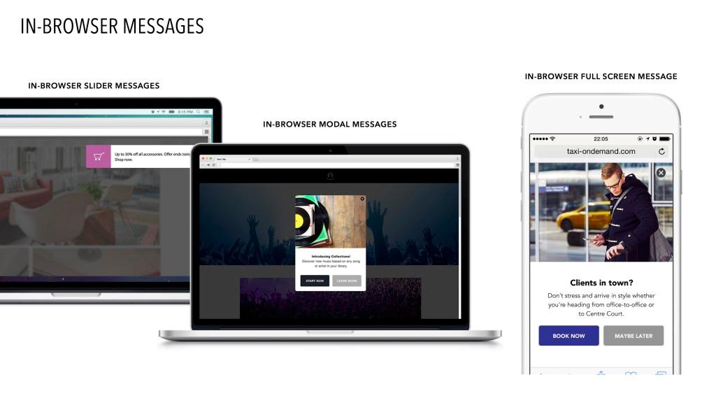 Three devices displaying different types of in-browser messages: a slider message on a laptop, a modal message on another laptop, and a full-screen message on a smartphone.