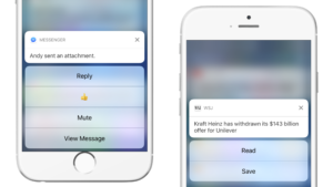 A smartphone screen displaying a notification from Messenger about an attachment from Andy, along with options to reply, mute, or view the message. Another notification shows Kraft Heinz has withdrawn a $143 billion offer for Unilever, with options to read or save.