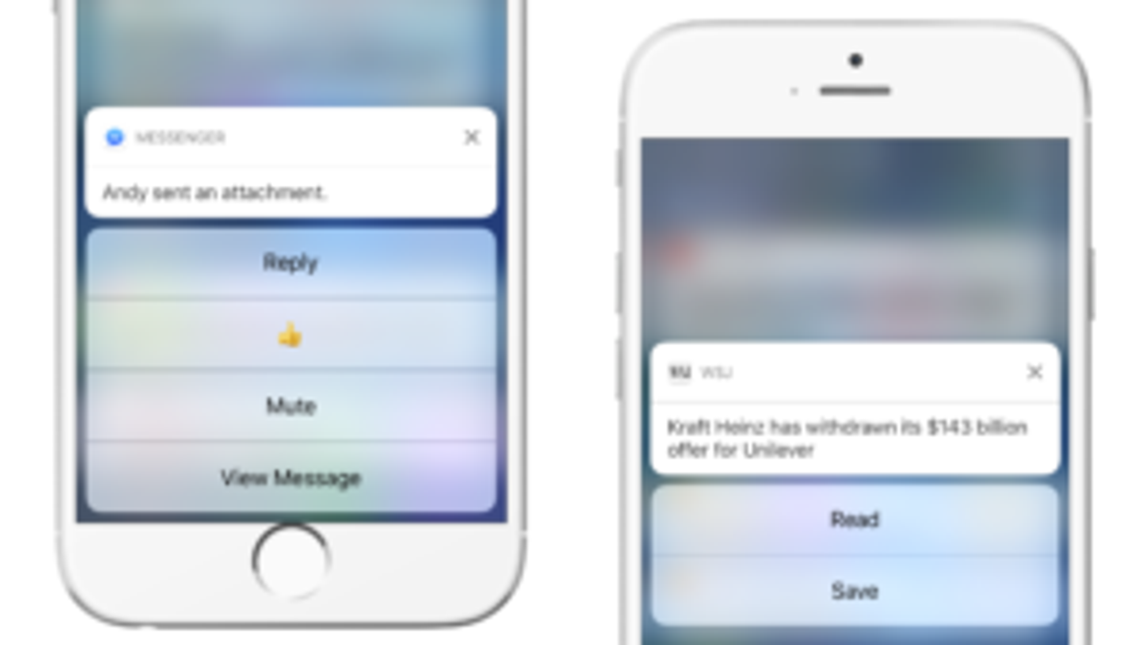 A smartphone screen displaying a notification from Messenger about an attachment from Andy, along with options to reply, mute, or view the message. Another notification shows Kraft Heinz has withdrawn a $143 billion offer for Unilever, with options to read or save.