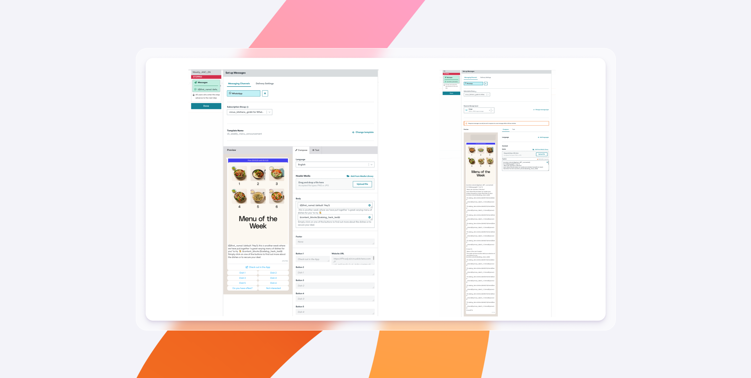 A screenshot of a web interface displaying a "Menu of the Week" section with images of food items on the left and a form for editing menu details on the right. The background features colorful geometric shapes.