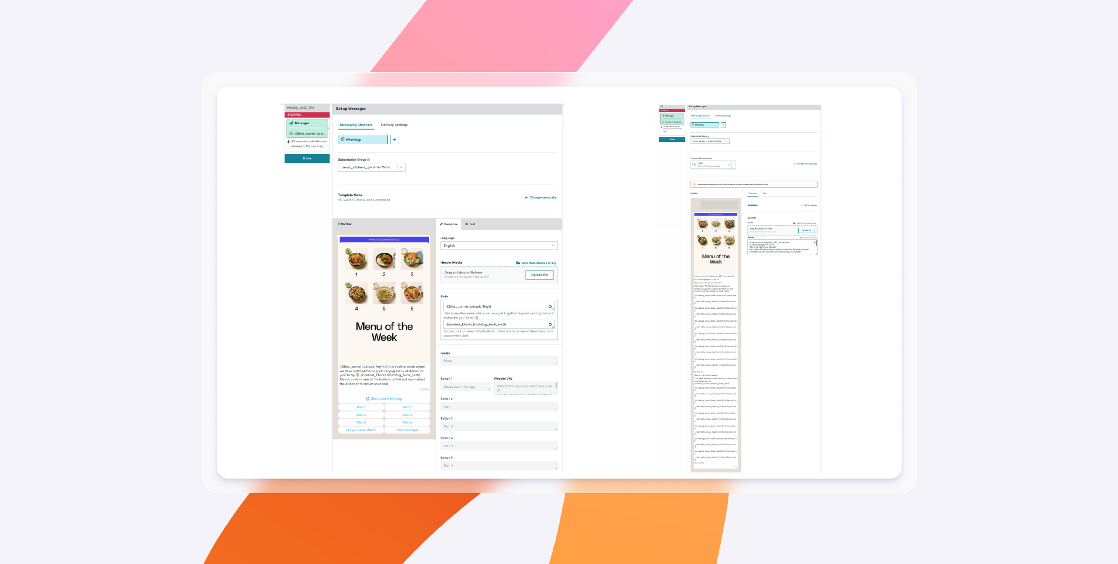 A screenshot of a web interface displaying a "Menu of the Week" section with images of food items on the left and a form for editing menu details on the right. The background features colorful geometric shapes.