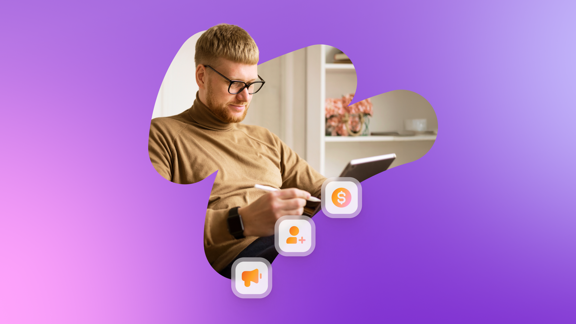 a man wearing glasses is using a tablet computer